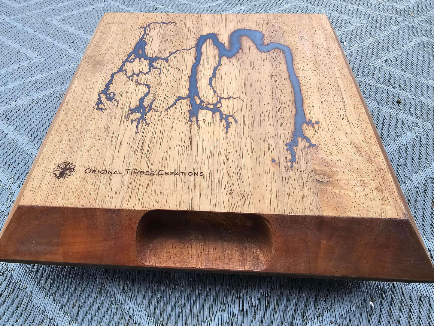 chopping board Fractal Burned Square Wood Board with Blue Epoxy |