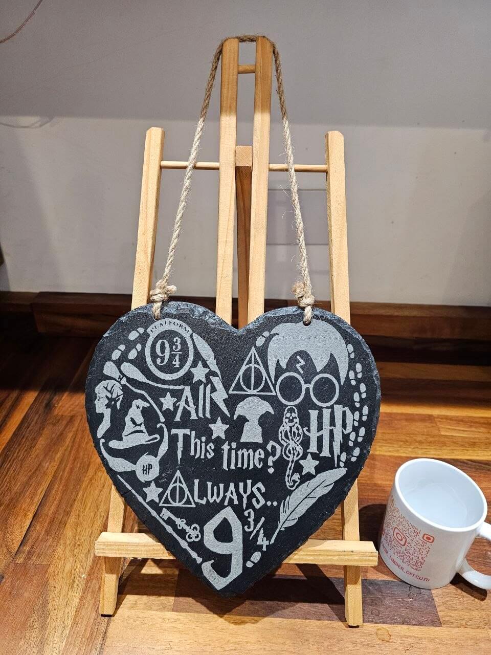 Handmade 25cm x 25cm Engraved Heart slate plaque featuring Harry Potter symbols and quotes.