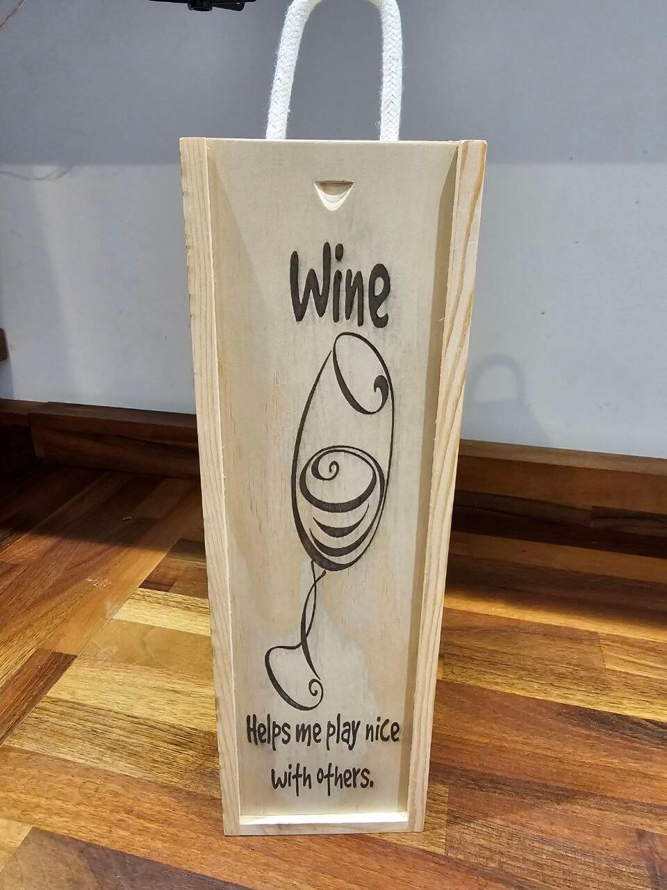 Engraved Wooden Wine Bottle Gift Box featuring playful wine glass quote and elegant design.
