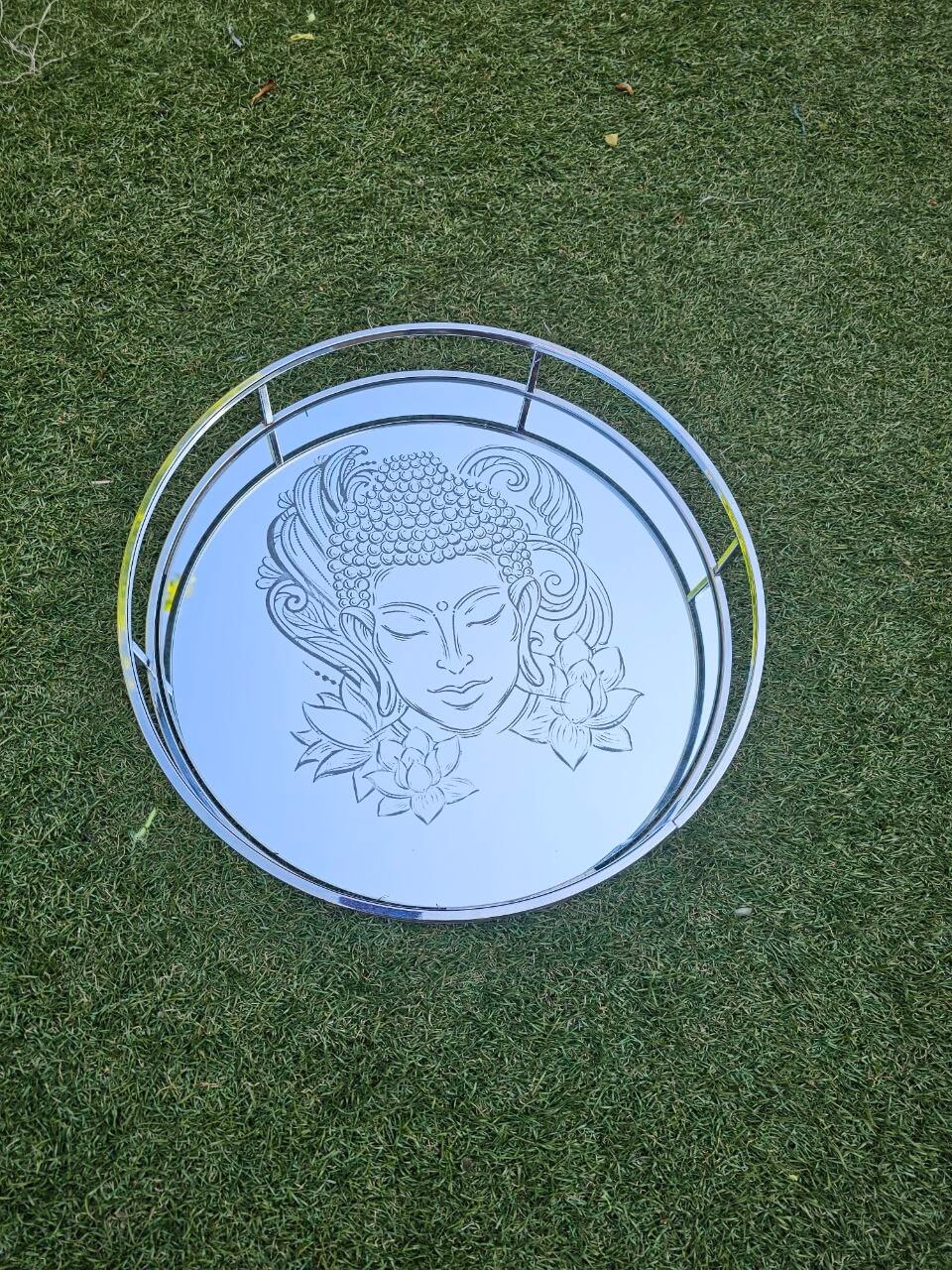 Mirror Vanity Tray Boddha design 30cm round mirror with engraved Buddha design and polished chrome frame.