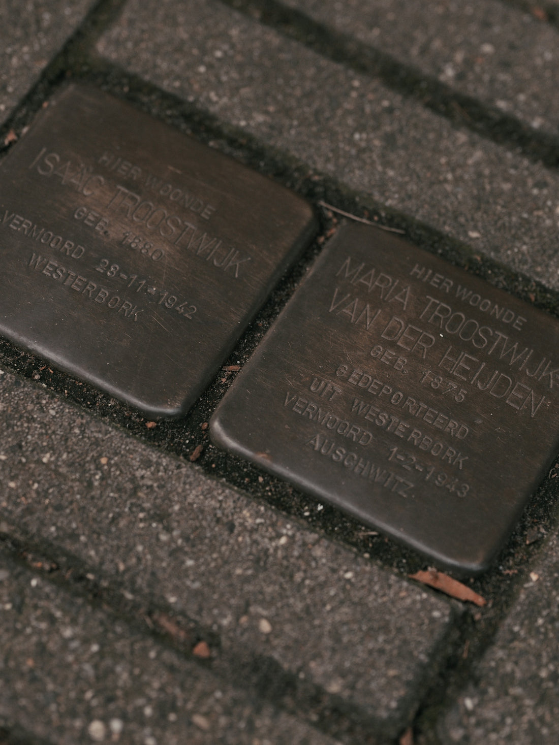 Stolpersteine memorial plaques on pavement