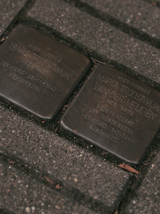 Stolpersteine memorial plaques on pavement