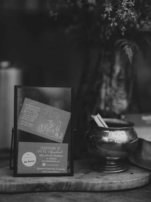 Monochrome display of business cards and a small ornate pot