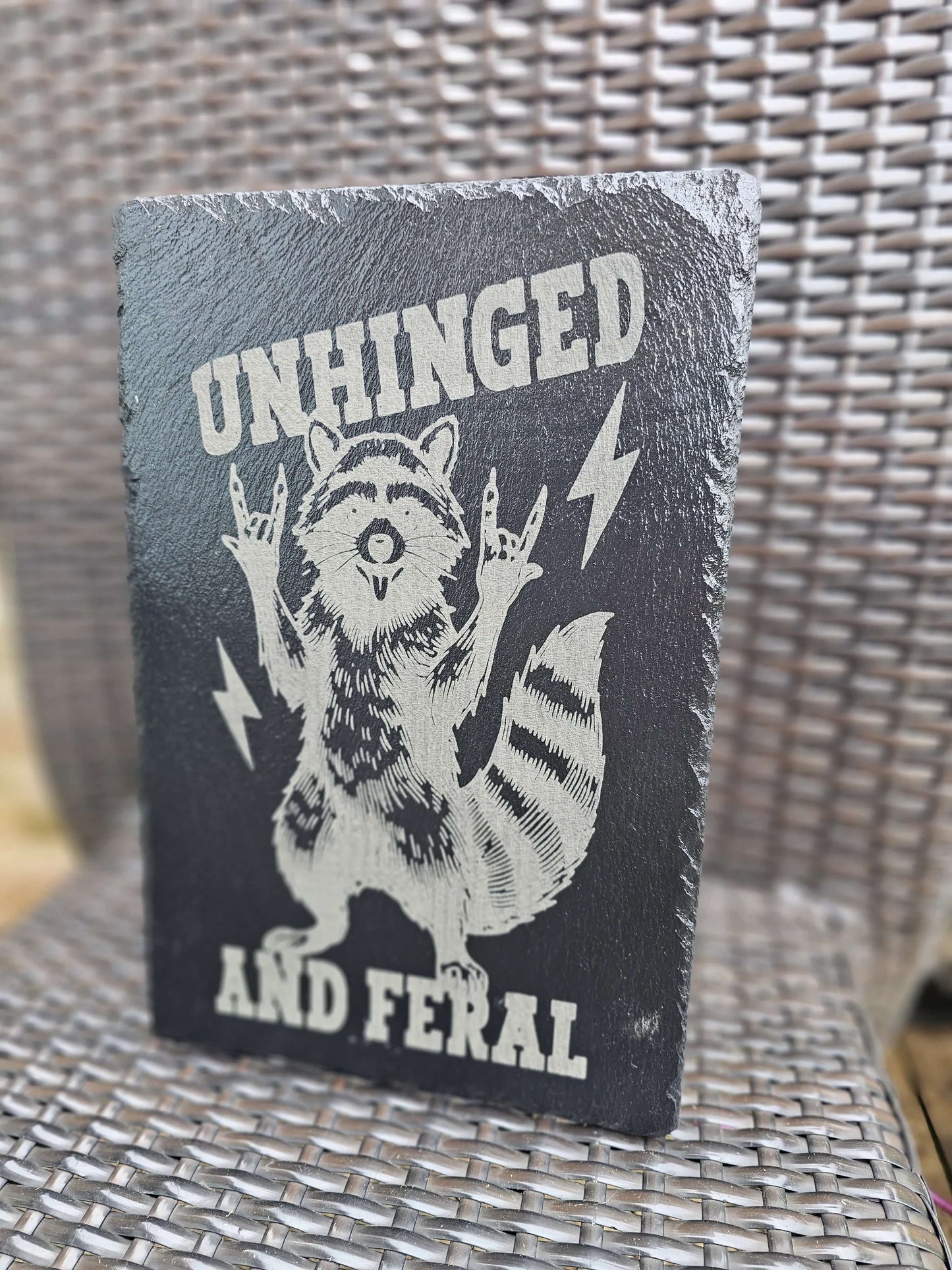slate Unhinged and Feral Sign – Funny Laser Engraved Raccoon Wall Art