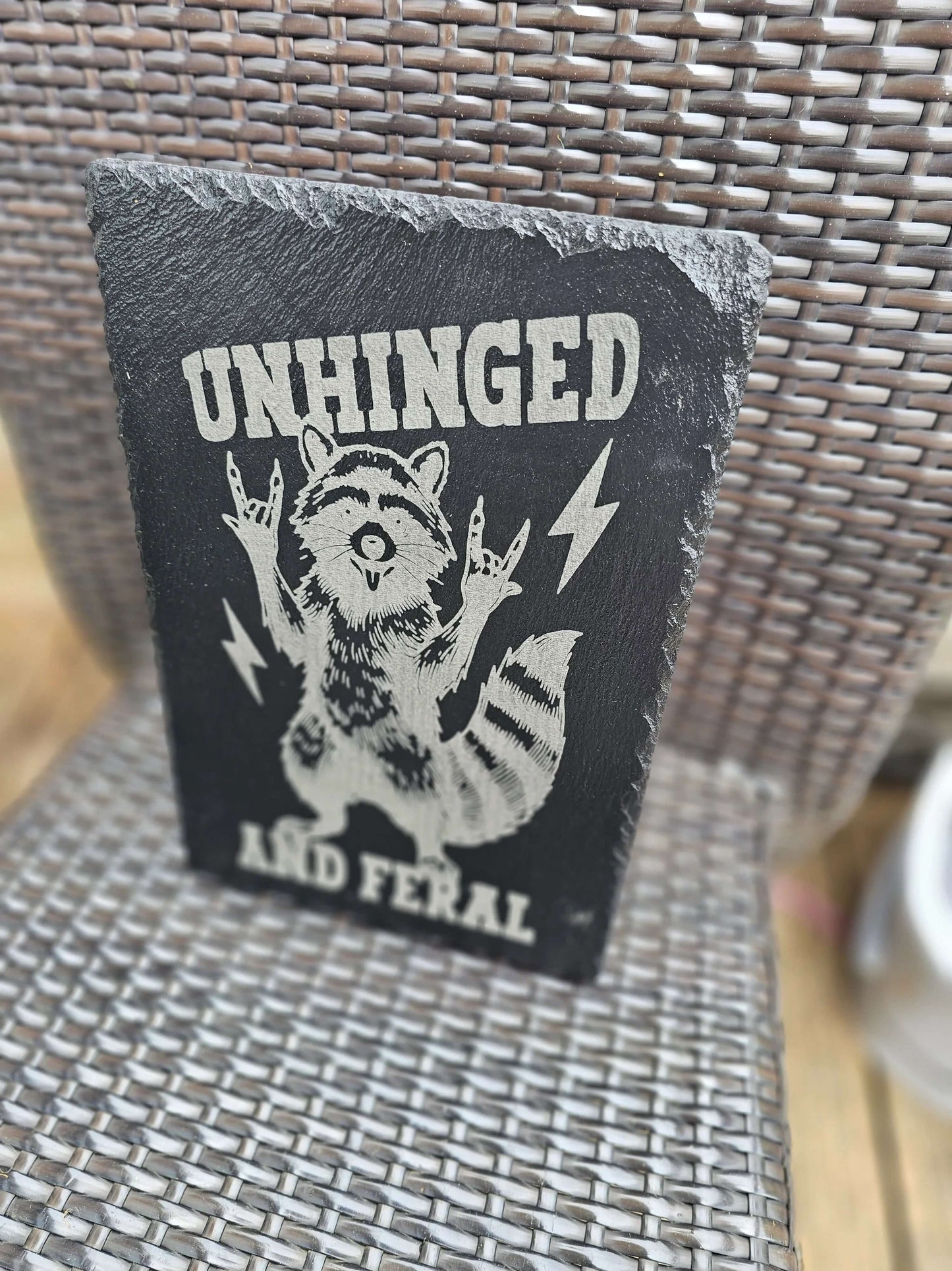 slate Unhinged and Feral Sign – Funny Laser Engraved Raccoon Wall Art