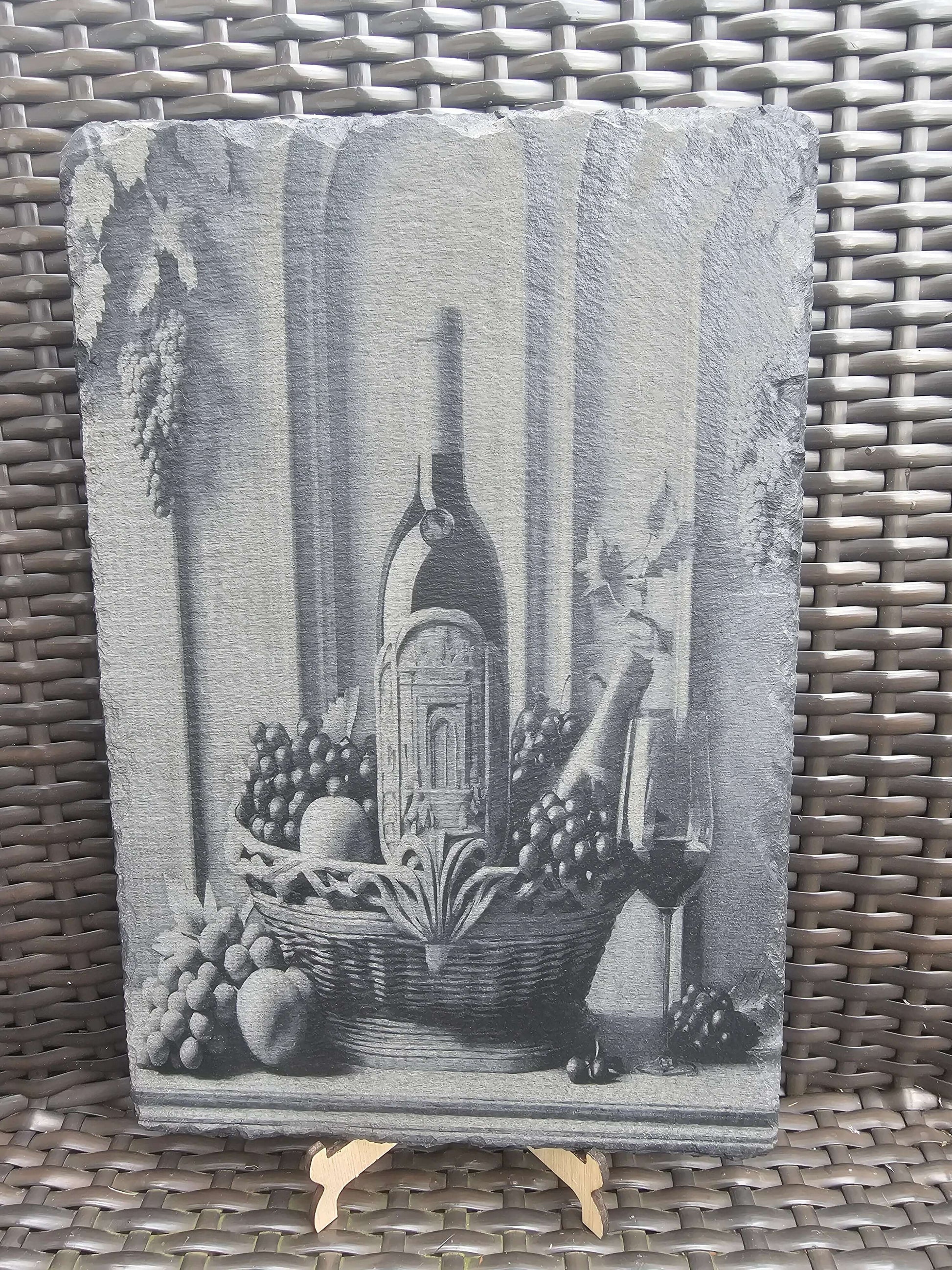 slate Wine Still Life Art – Laser Engraved Rustic Kitchen or Bar Decor