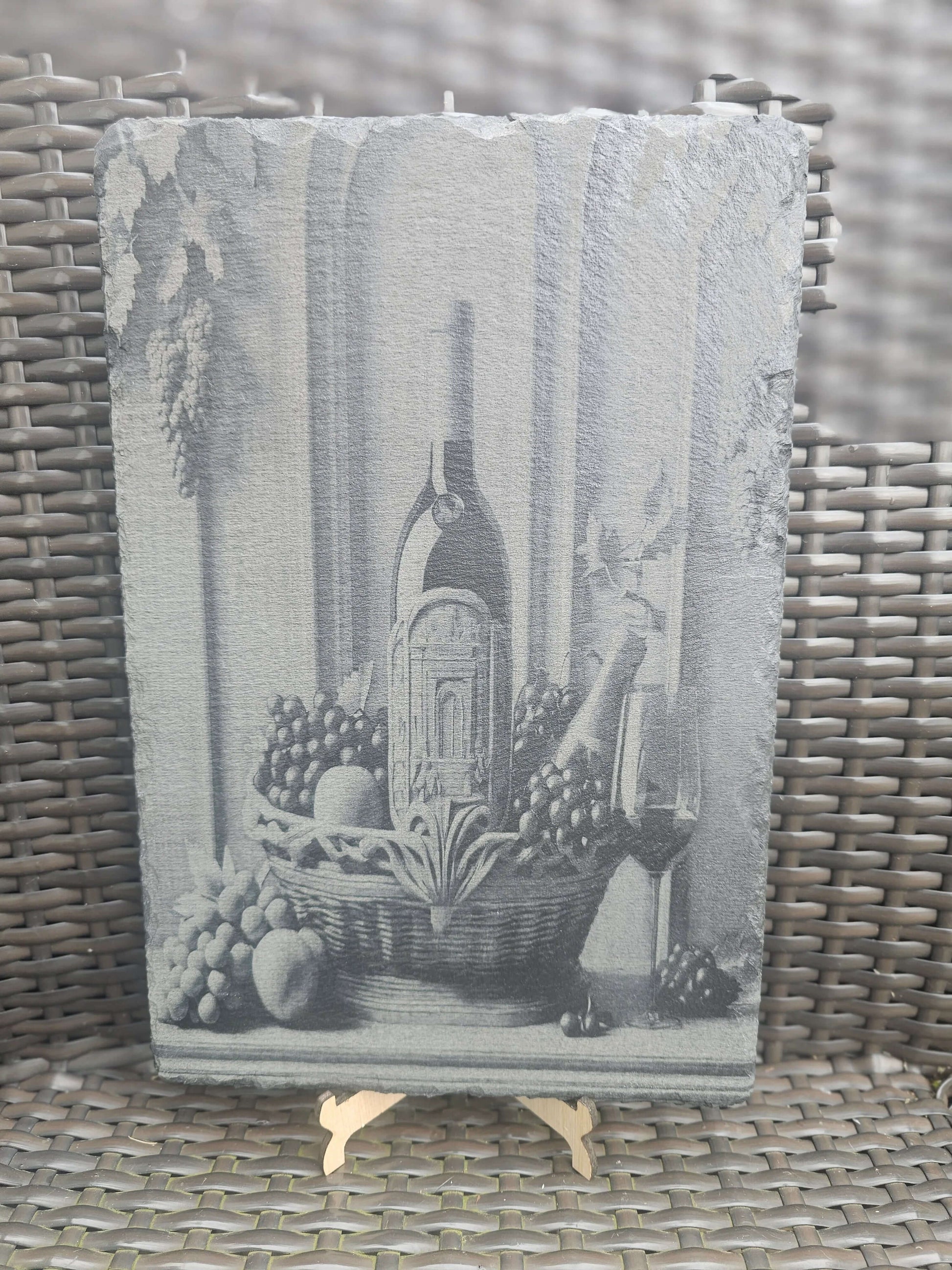 slate Wine Still Life Art – Laser Engraved Rustic Kitchen or Bar Decor