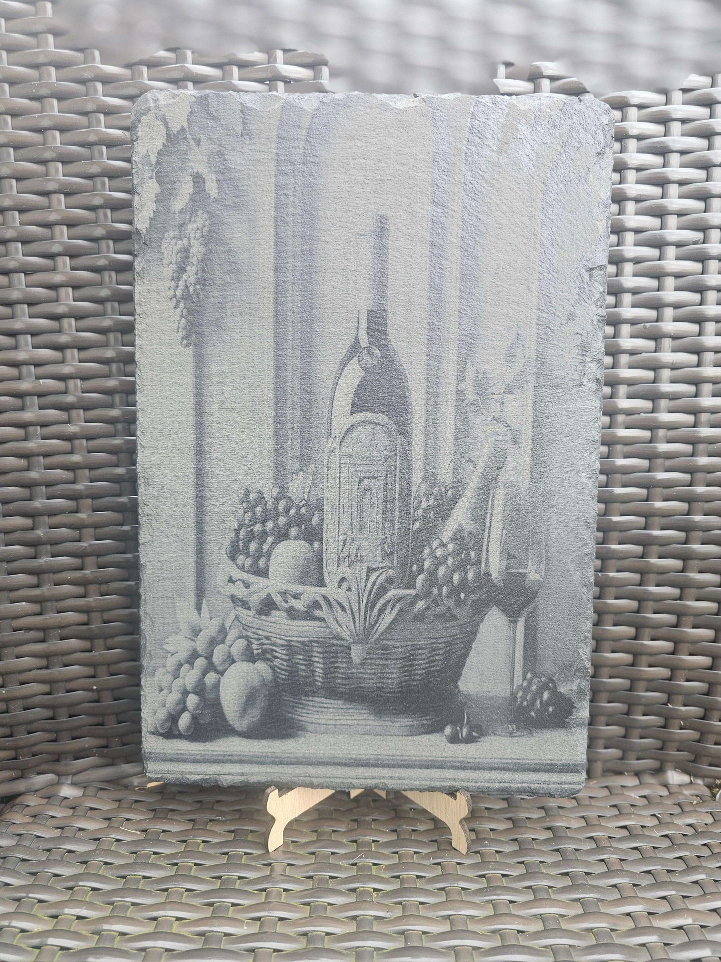 slate Wine Still Life Art – Laser Engraved Rustic Kitchen or Bar Decor