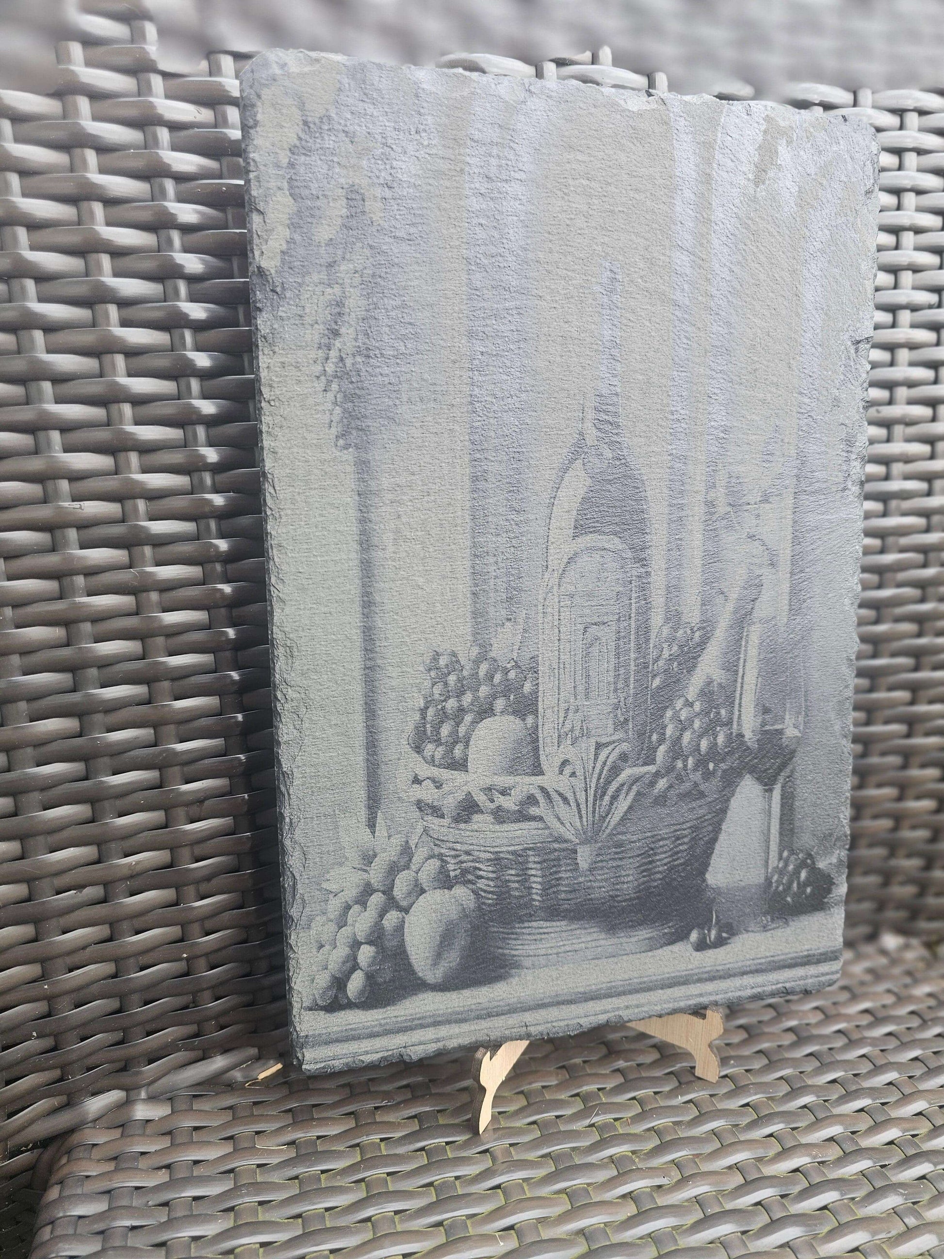 slate Wine Still Life Art – Laser Engraved Rustic Kitchen or Bar Decor