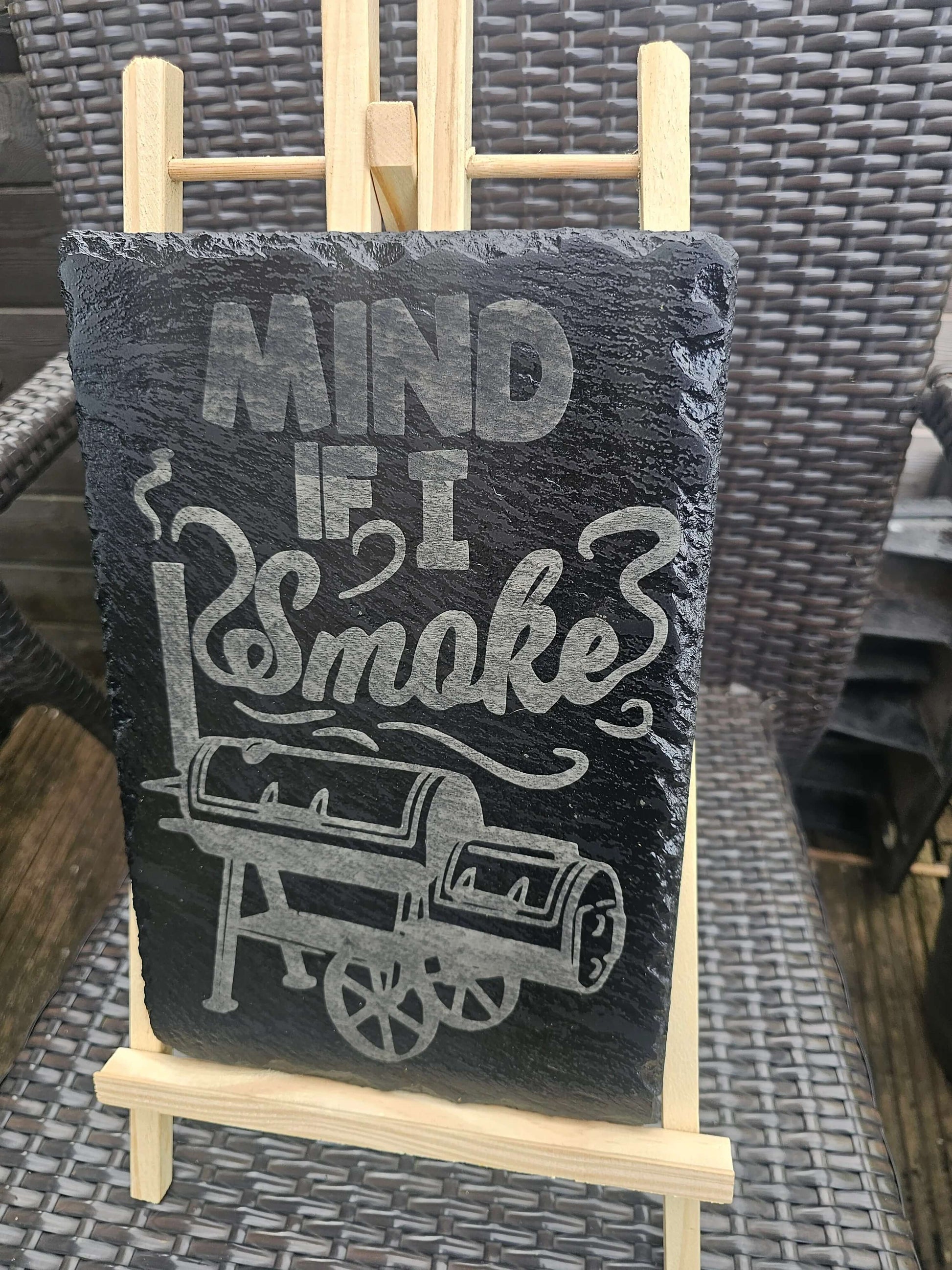 slate Funny BBQ Sign – “Mind If I Smoke?” Laser Engraved Smoker Plaque