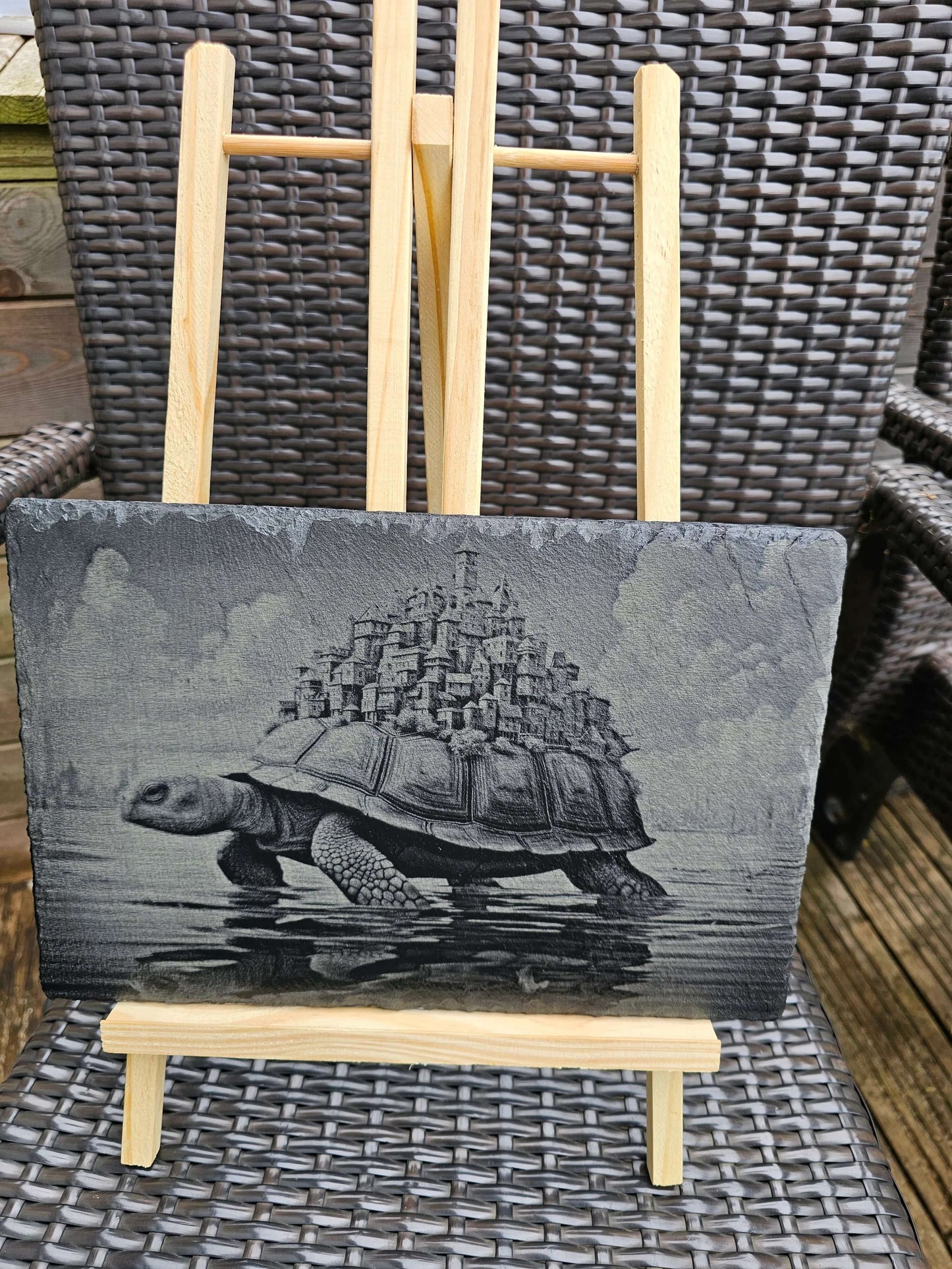 slate Fantasy Tortoise Art Laser Engraved Surreal Animal Scene30x20cm