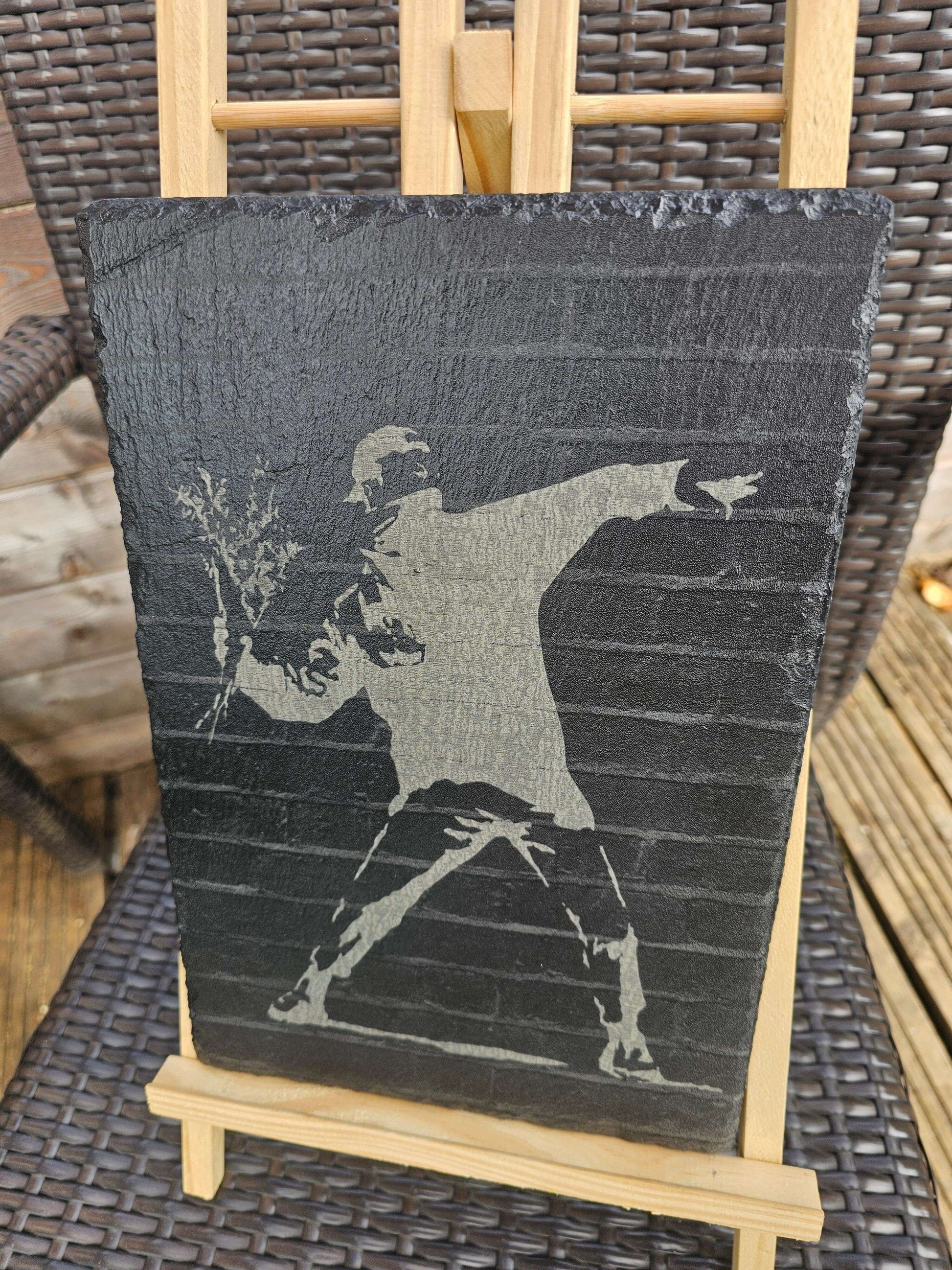 slate art. Banksy Flower Thrower- Laser Engraved Urban Graffiti Decor