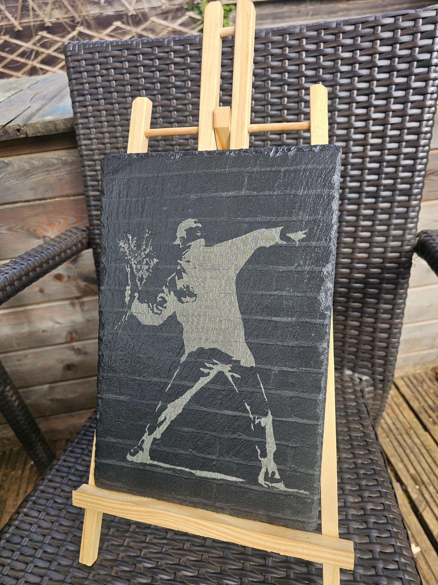slate art. Banksy Flower Thrower- Laser Engraved Urban Graffiti Decor