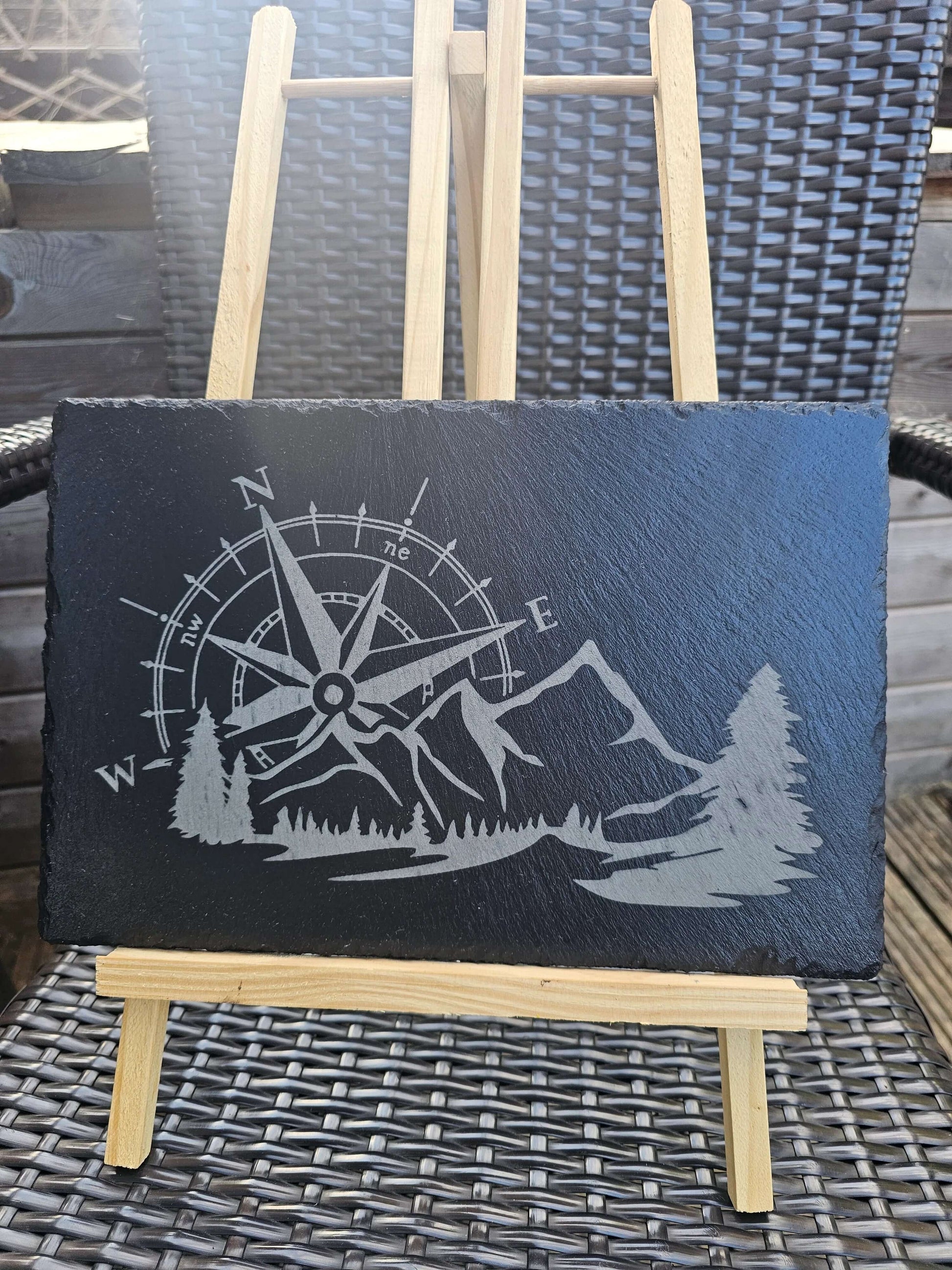 slate sign. Adventure Compass & Mountain Scene Laser Engraved Wall Art