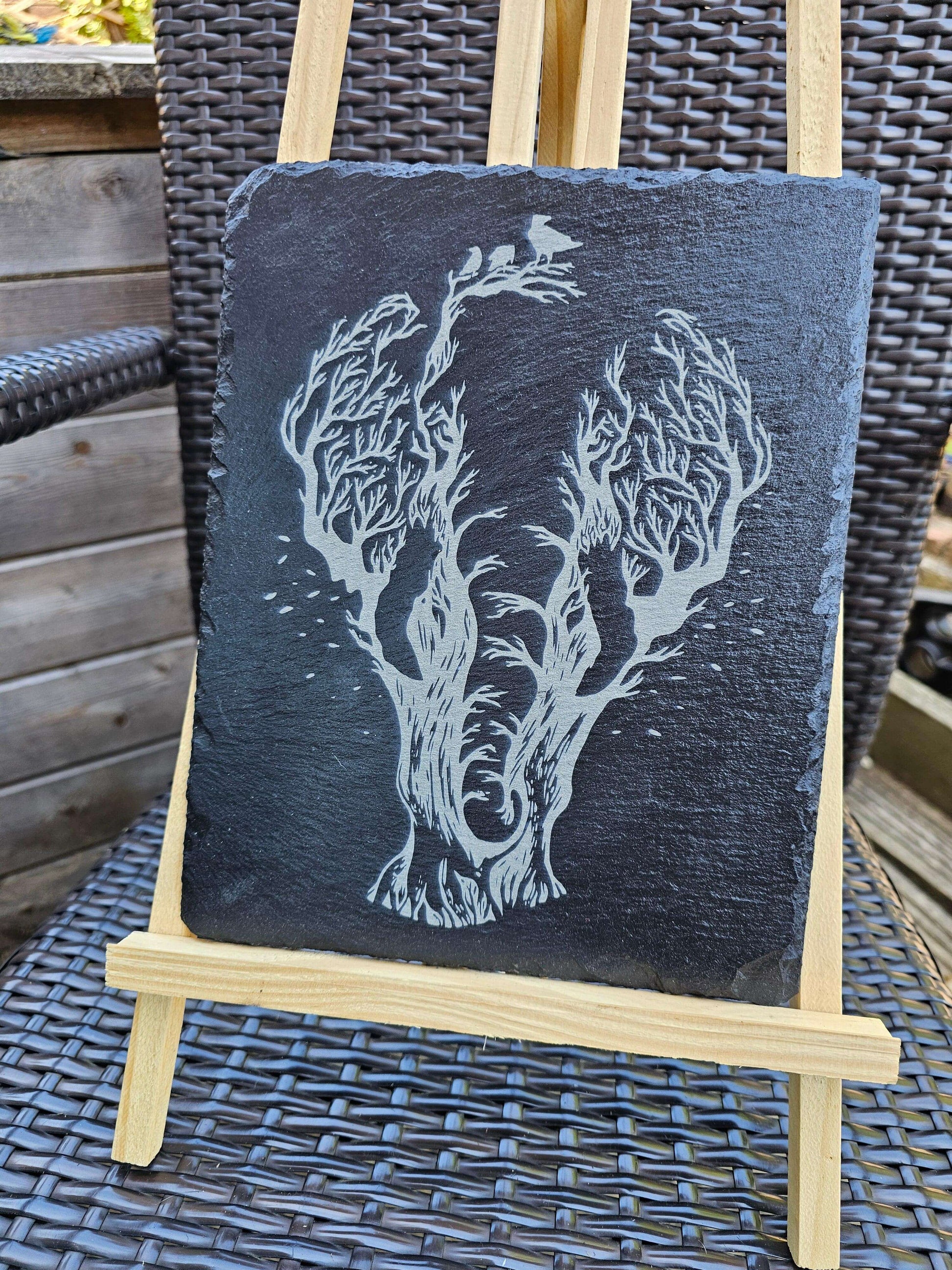 slate Laser Engraved Tree Spirit Elephant Art on Slate – 25cm x 20cm