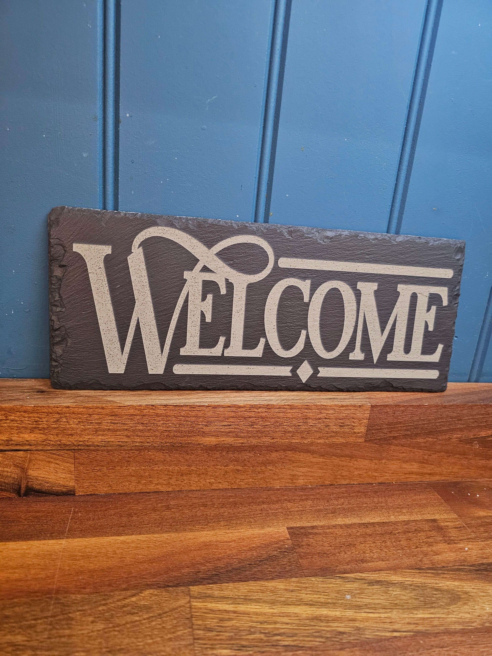 slate WELCOME Sign – Laser Engraved Hanging Plaque | Rustic Outdoor