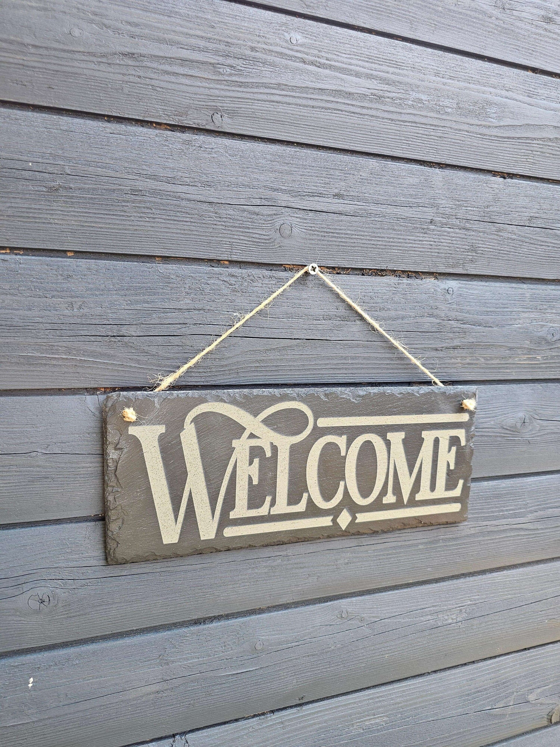 slate WELCOME Sign – Laser Engraved Hanging Plaque | Rustic Outdoor