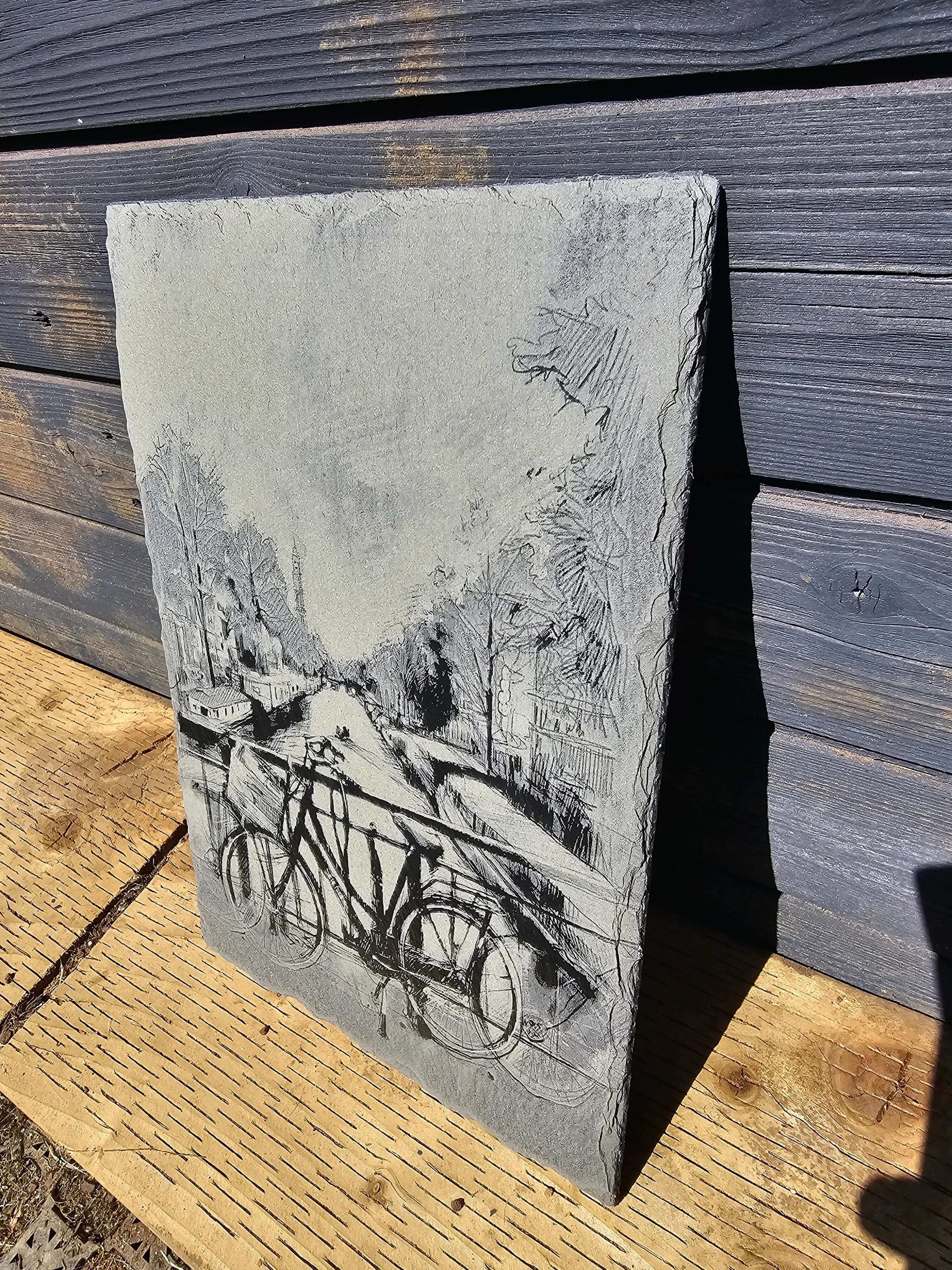 slate Laser Engraved Art Amsterdam Bicycle & Canal Scene 30cm x 20cm