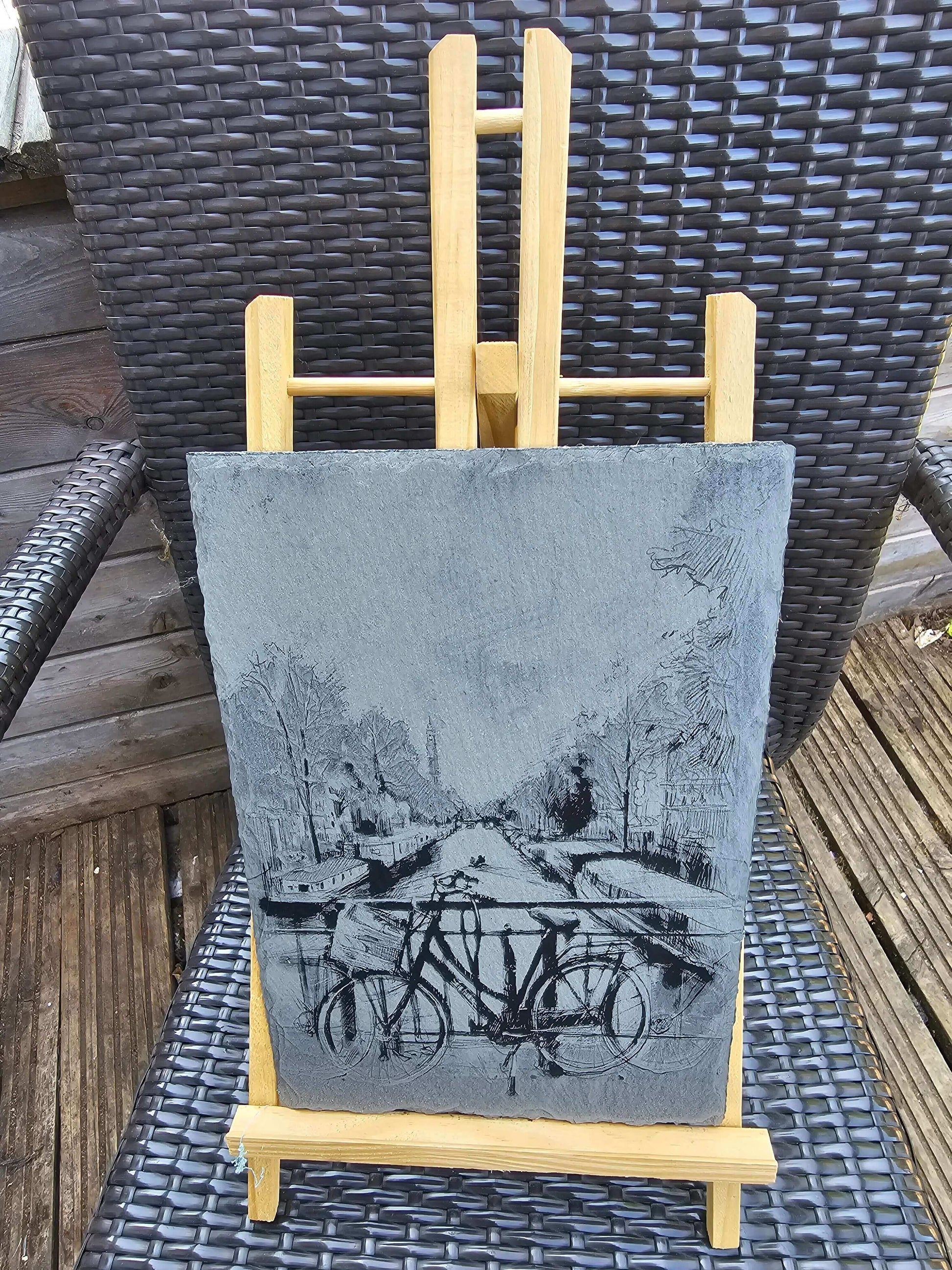 slate Laser Engraved Art Amsterdam Bicycle & Canal Scene 30cm x 20cm