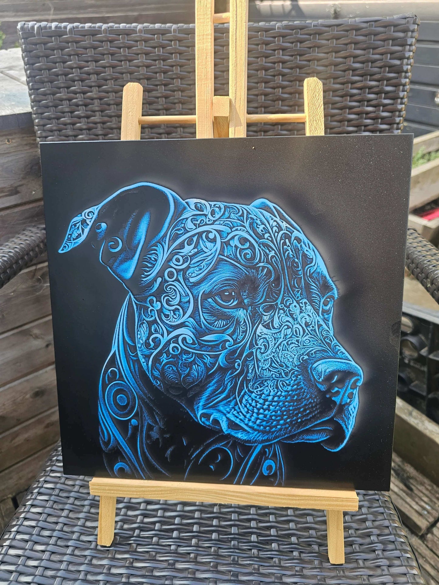 tile Blue Tribal Pitbull Art – Laser Engraved 30cm Tile 3D Effect Dog
