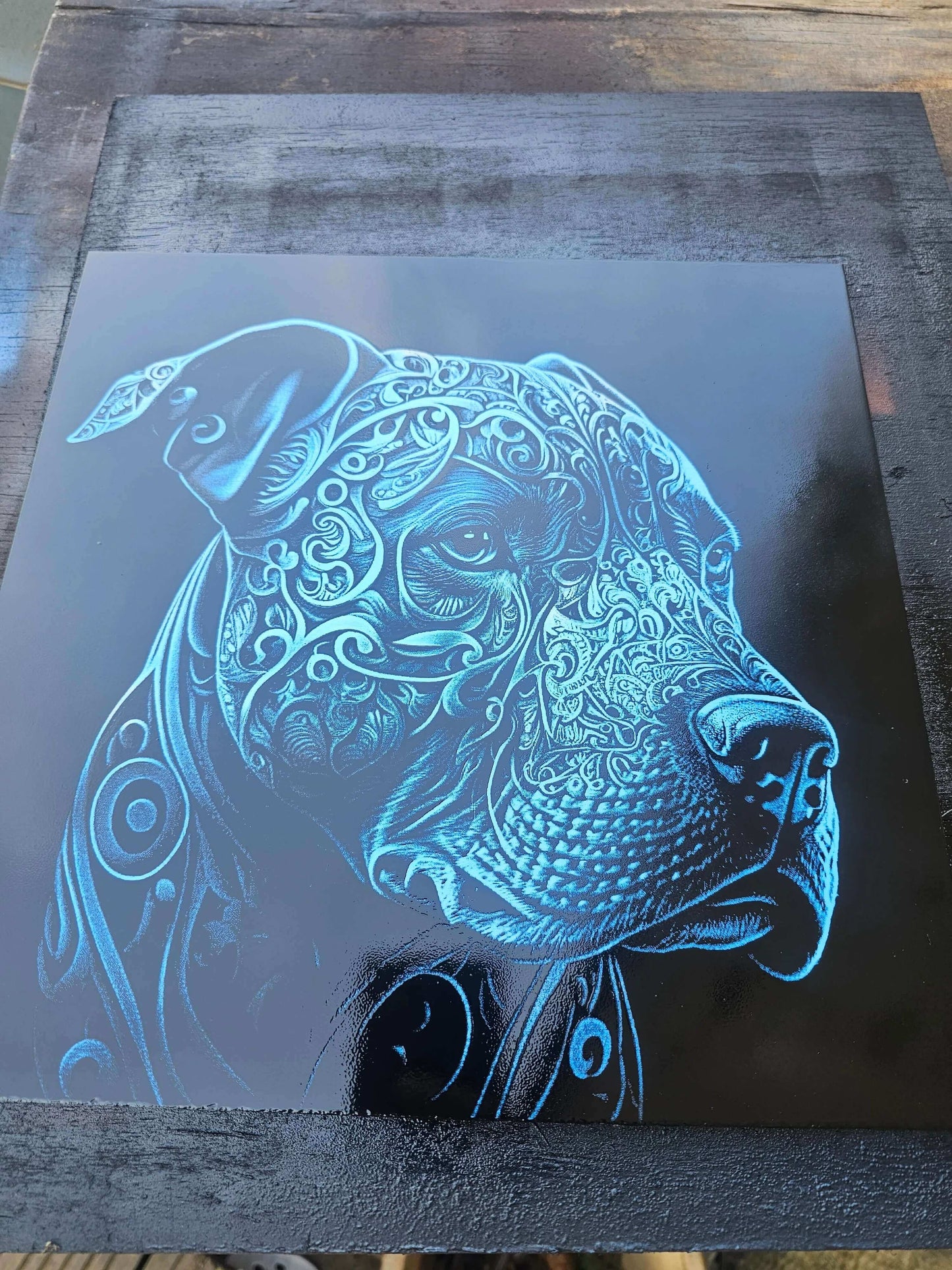 tile Blue Tribal Pitbull Art – Laser Engraved 30cm Tile 3D Effect Dog