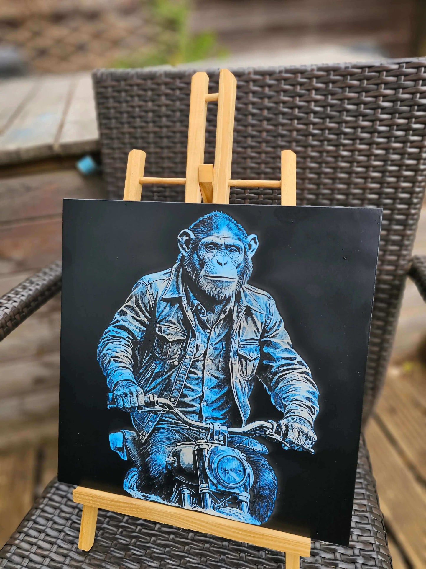 tile Cool Chimp on Motorcycle – Laser Engraved 30cm x 30cm White Tile