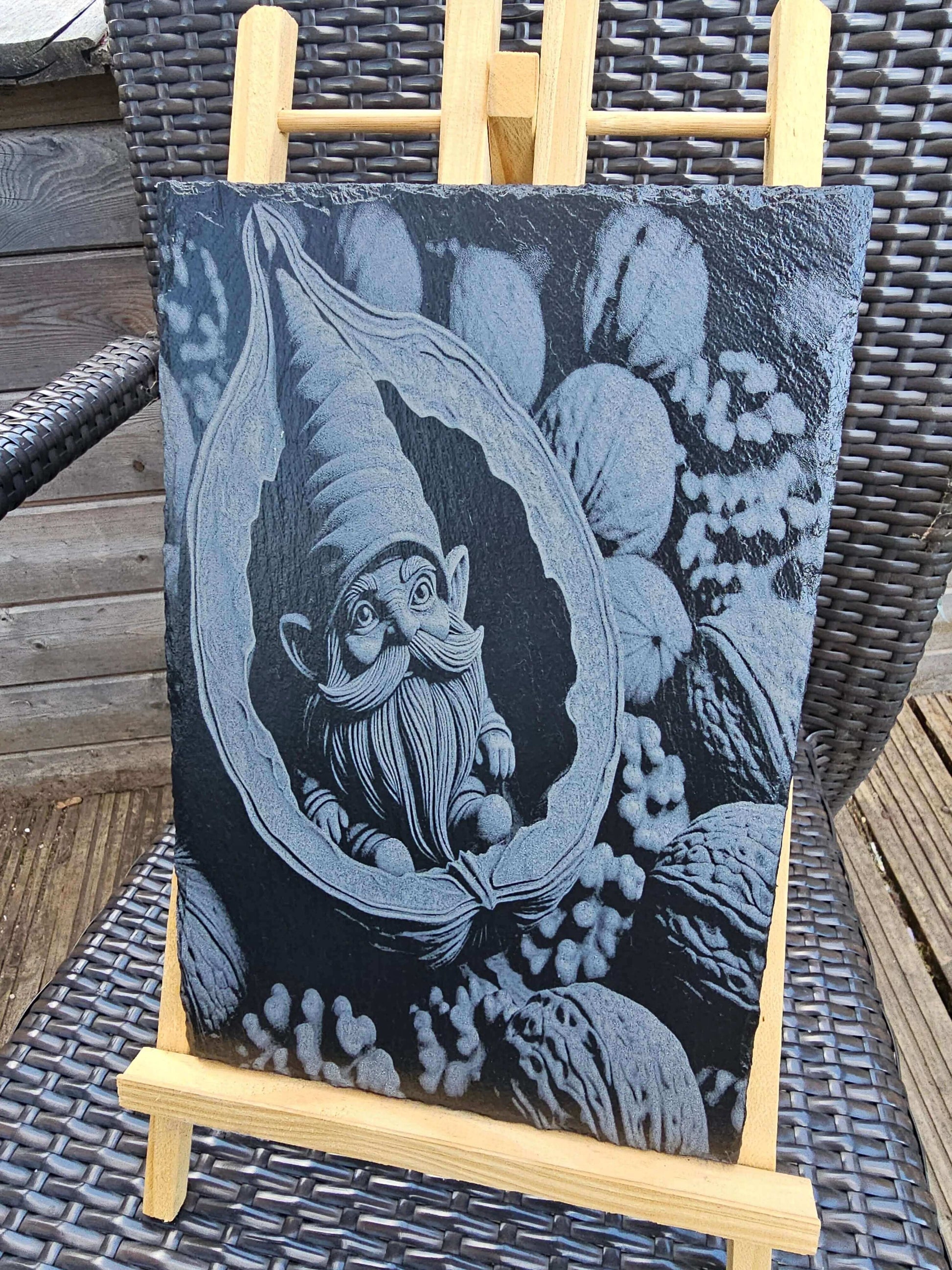 slate Whimsical Gnome in Walnut Shell – Laser Engraved Fantasy Art