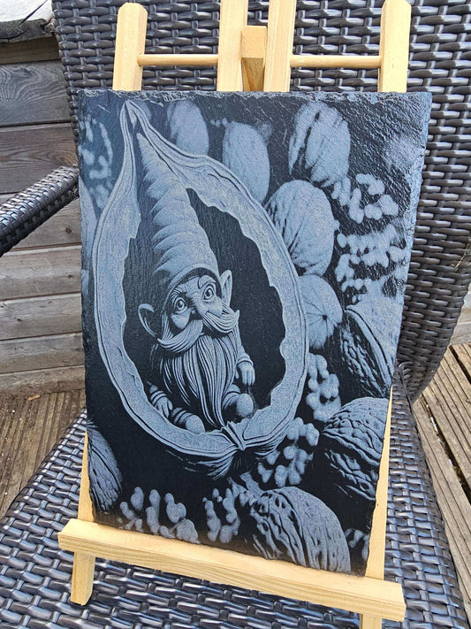slate Whimsical Gnome in Walnut Shell – Laser Engraved Fantasy Art