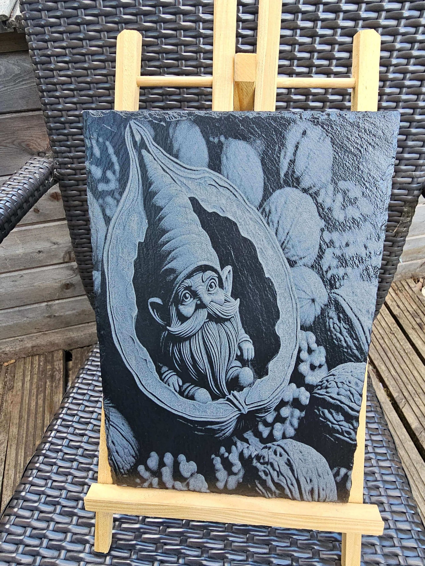 slate Whimsical Gnome in Walnut Shell – Laser Engraved Fantasy Art