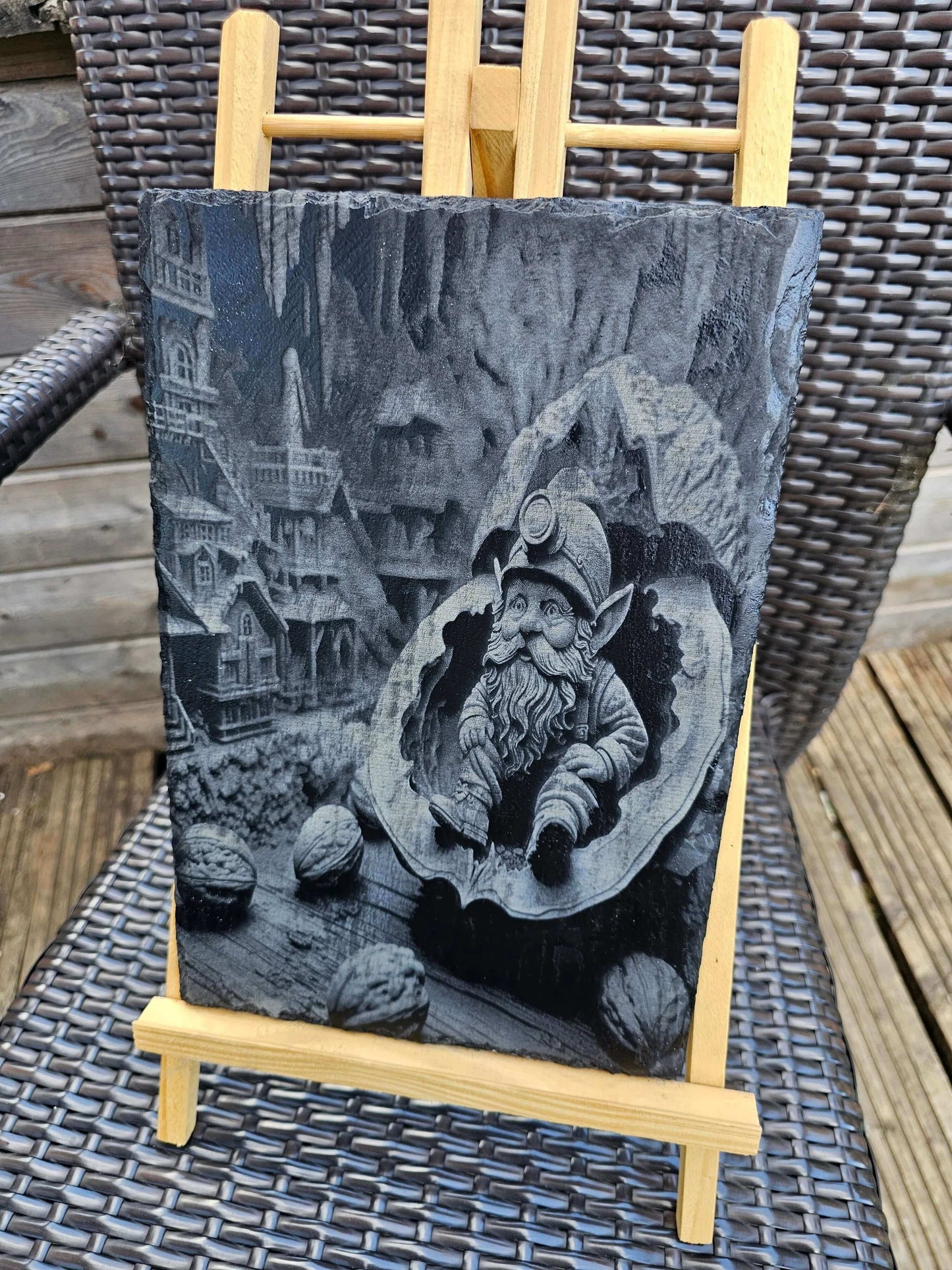 slate Laser Engraved Gnome in a Walnut Shell – Fantasy Art – 30x20cm
