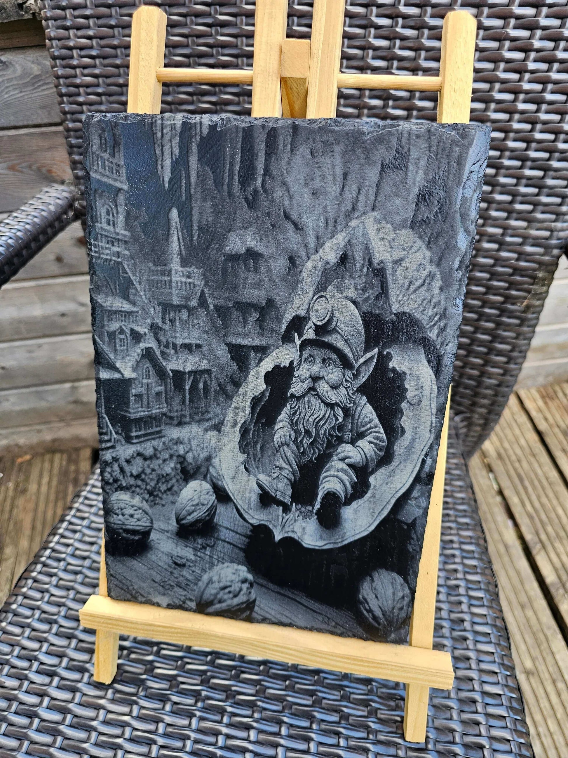 slate Laser Engraved Gnome in a Walnut Shell – Fantasy Art – 30x20cm