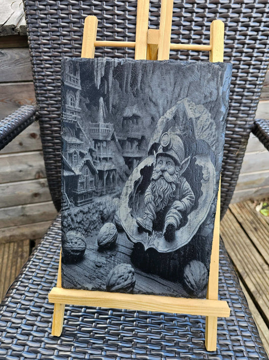 slate Laser Engraved Gnome in a Walnut Shell – Fantasy Art – 30x20cm