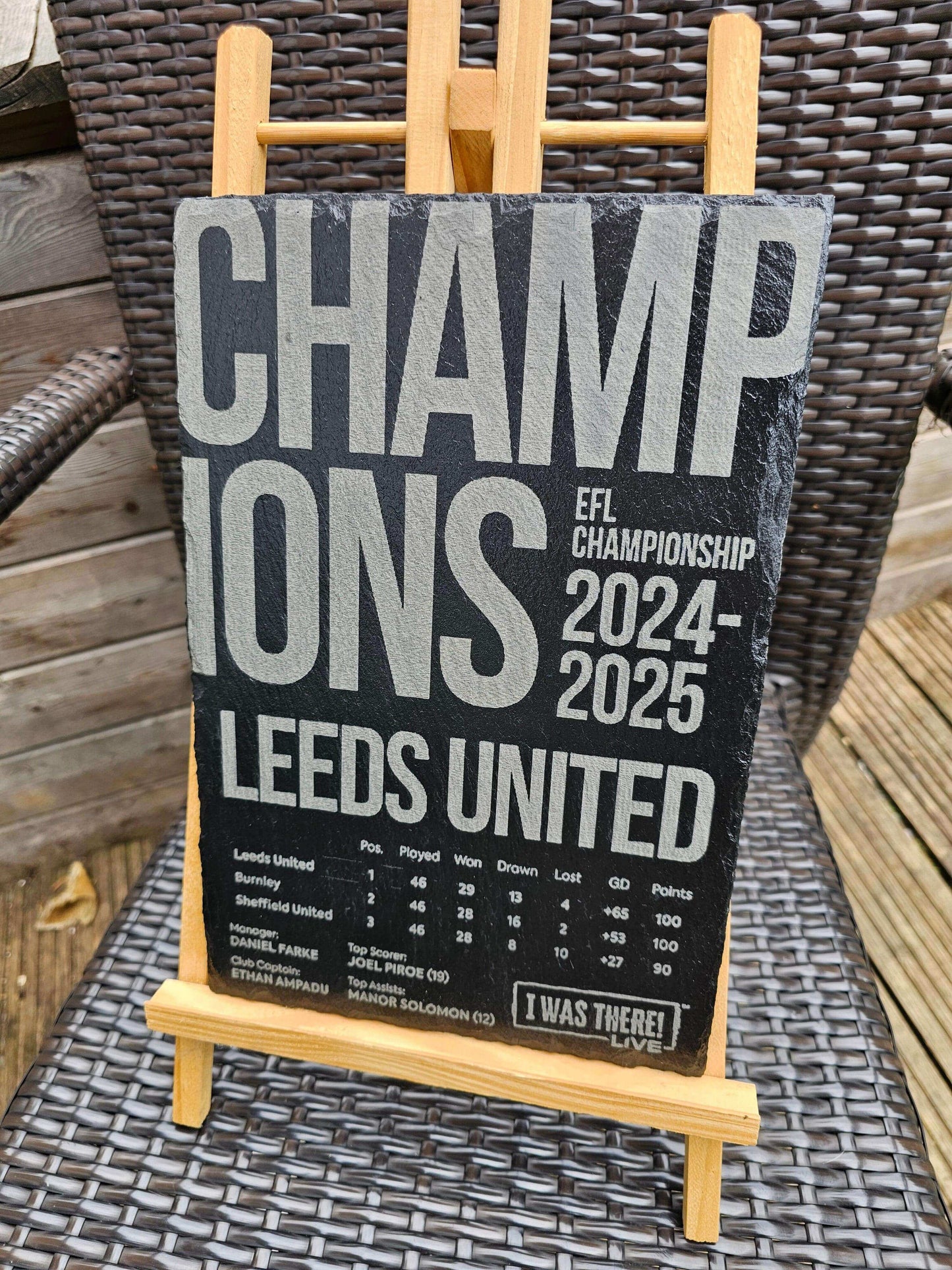 Leeds United EFL Champions 2024 2025 engraved slate plaque showcasing league stats.