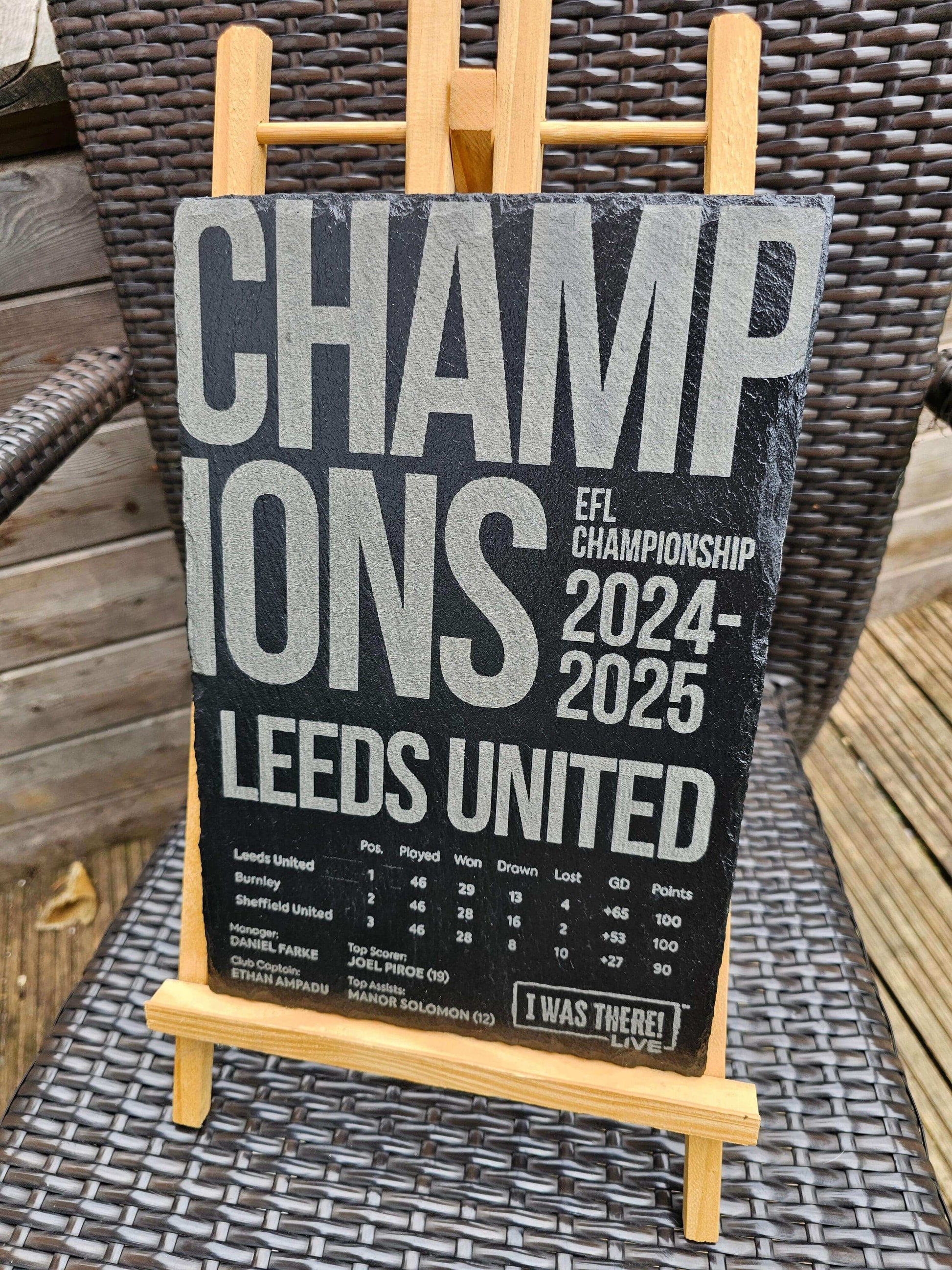 Leeds United EFL Champions 2024 2025 engraved slate plaque showcasing league stats.