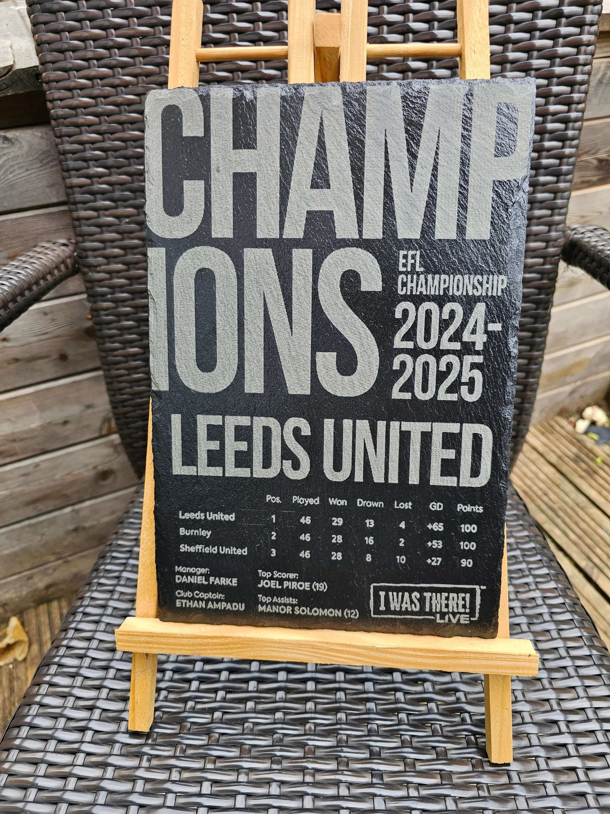 Leeds United EFL Champions 2024 2025 Slate Plaque showcasing league stats and engravings.