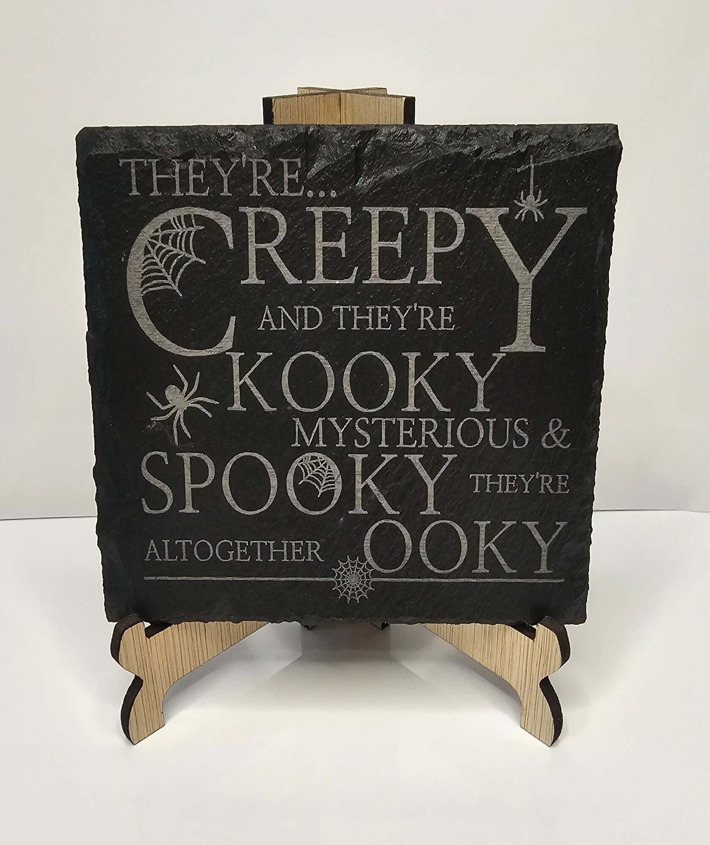 slate “They’re Creepy and They’re Kooky” Coasters – Laser Engraved