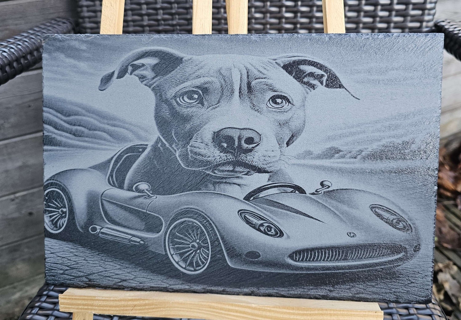 Slate Plaque Dog in Sports Car Engraved Slate Plaque Handmade UK Gift