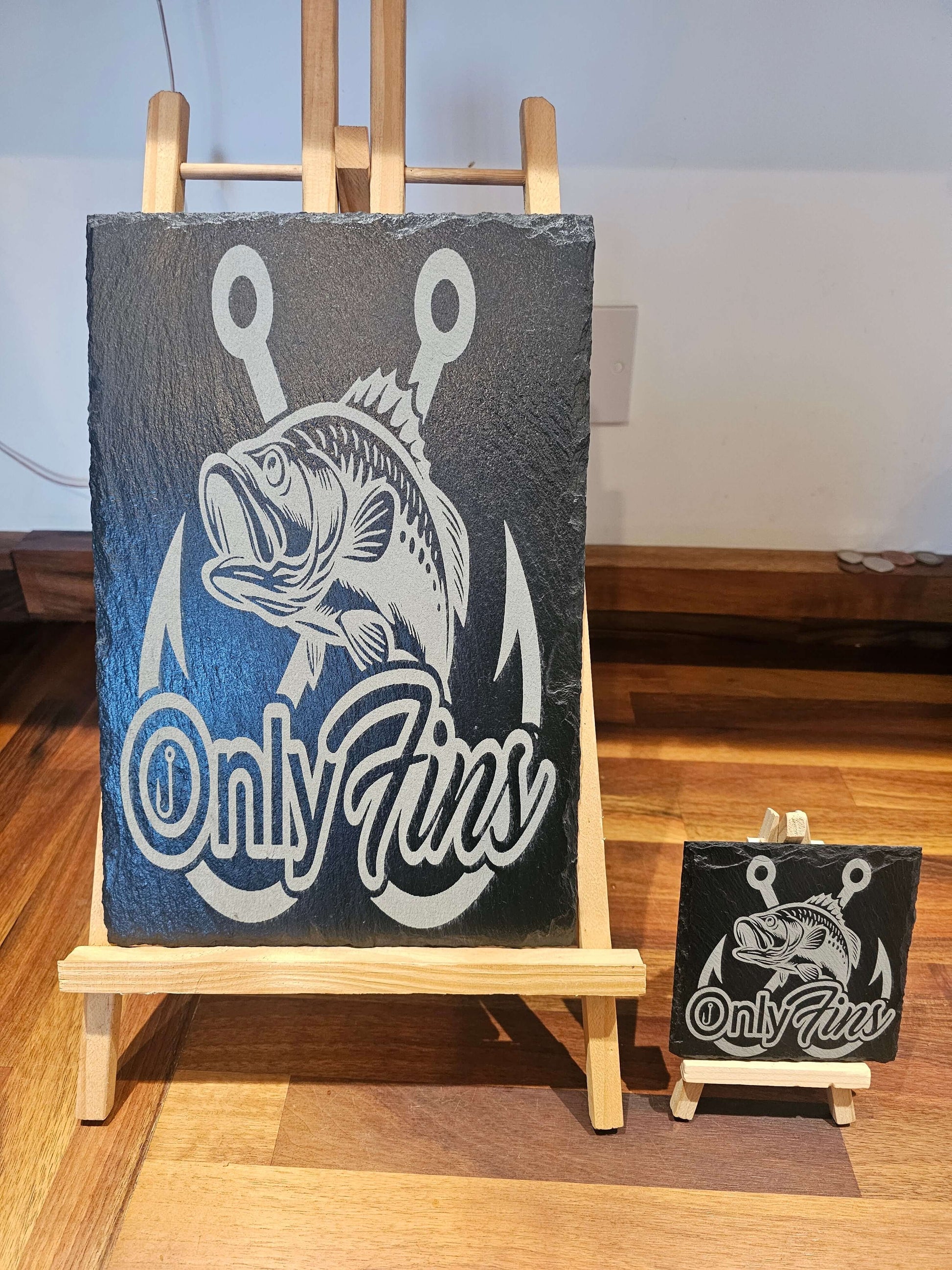 slate coaster OnlyFins Fishing Slate Sign – Laser Engraved Angler Gift