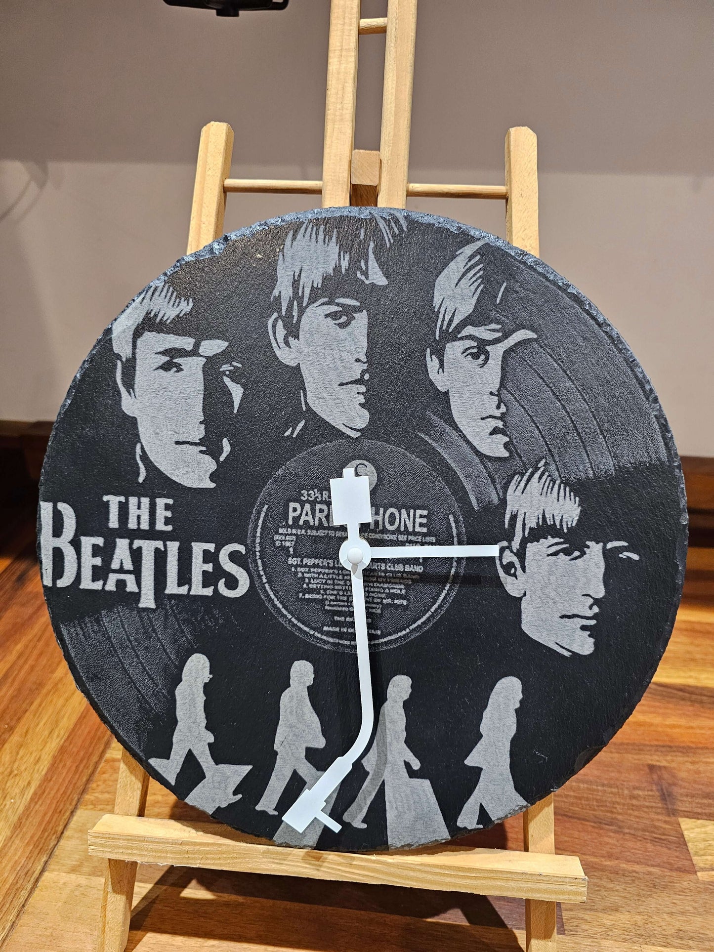 The Beatles Engraved Slate Clock 30cm Round Handmade UK Gift featuring iconic band design.