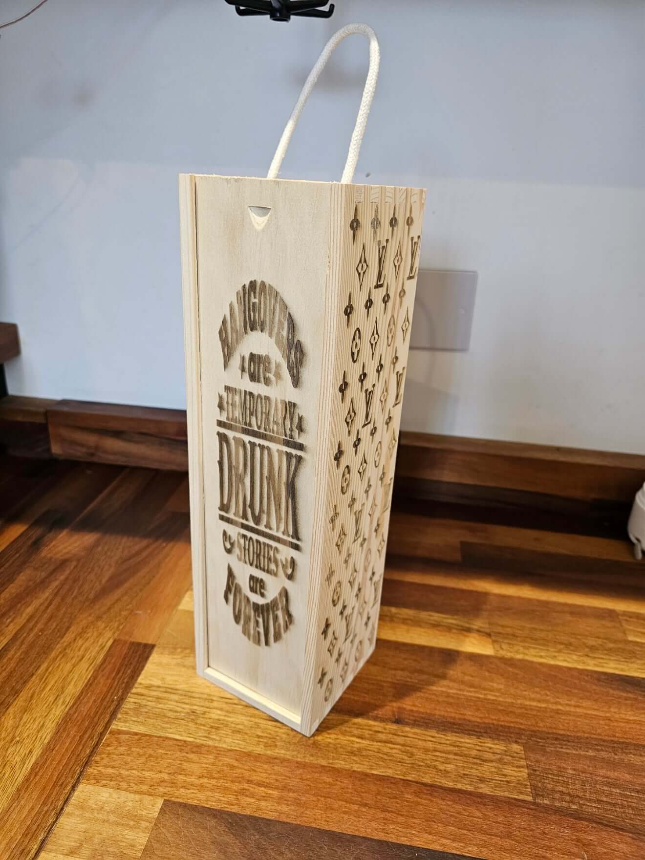 Engraved Wooden Wine Bottle Gift Box featuring Louis Vuitton pattern and humorous quote