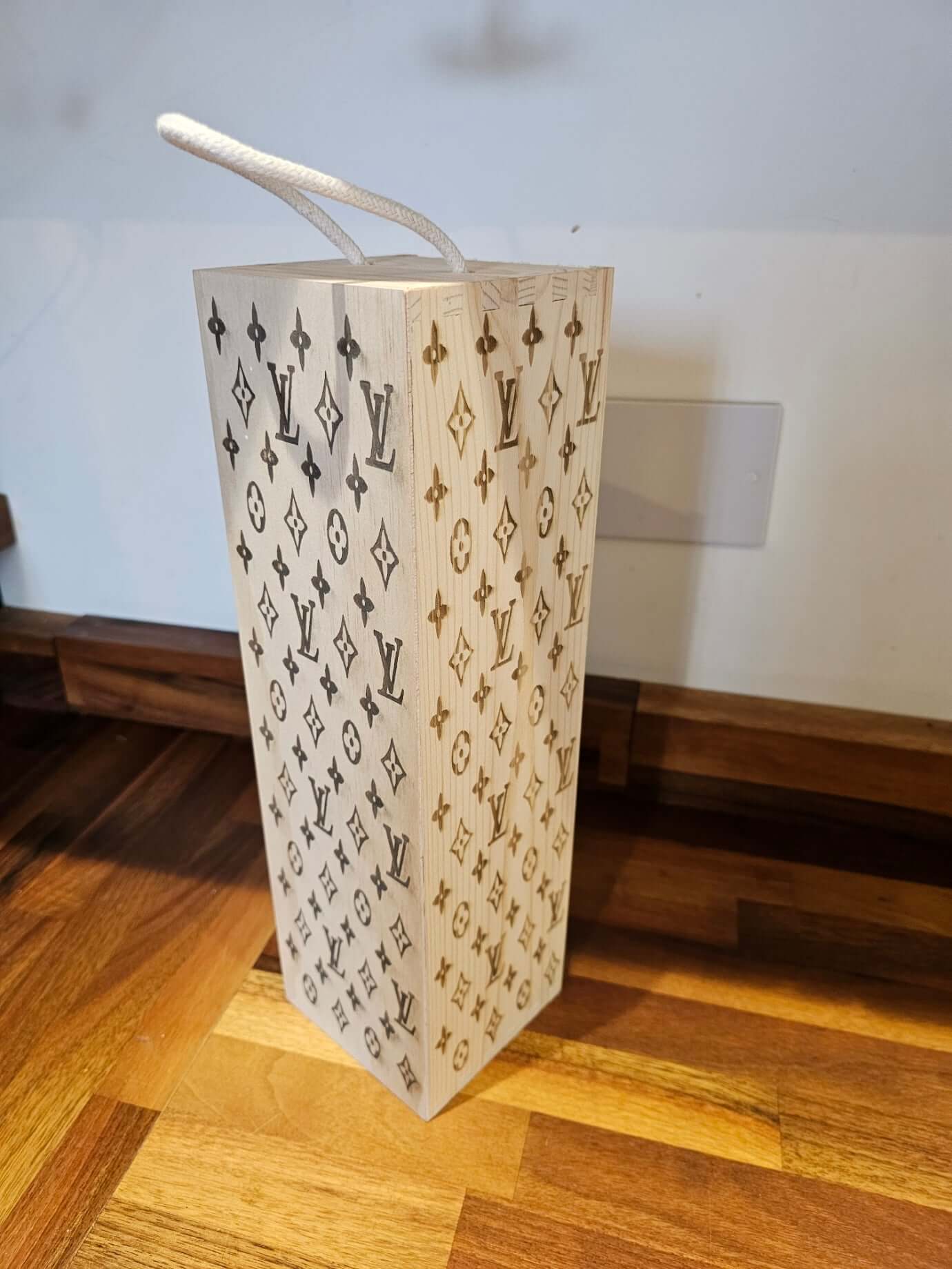 Engraved Wooden Wine Bottle Gift Box with Louis Vuitton pattern design