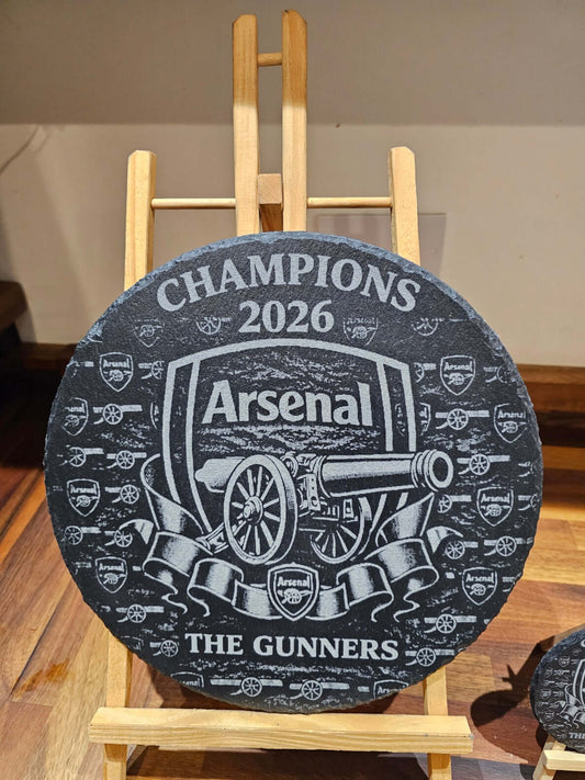 Arsenal Champions 2026 Engraved 300mm Round Slate Plaque Memorabilia with intricate design and display stand