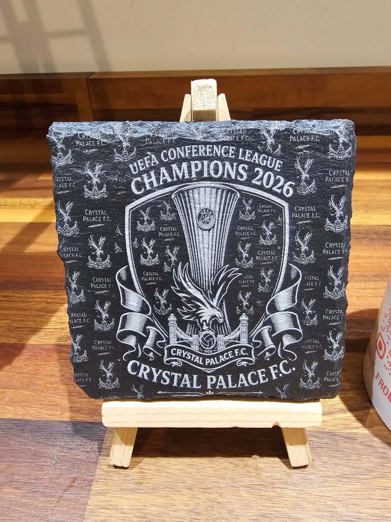 Crystal Palace UEFA Conference League Champions 2026 natural slate coaster with engraved design.