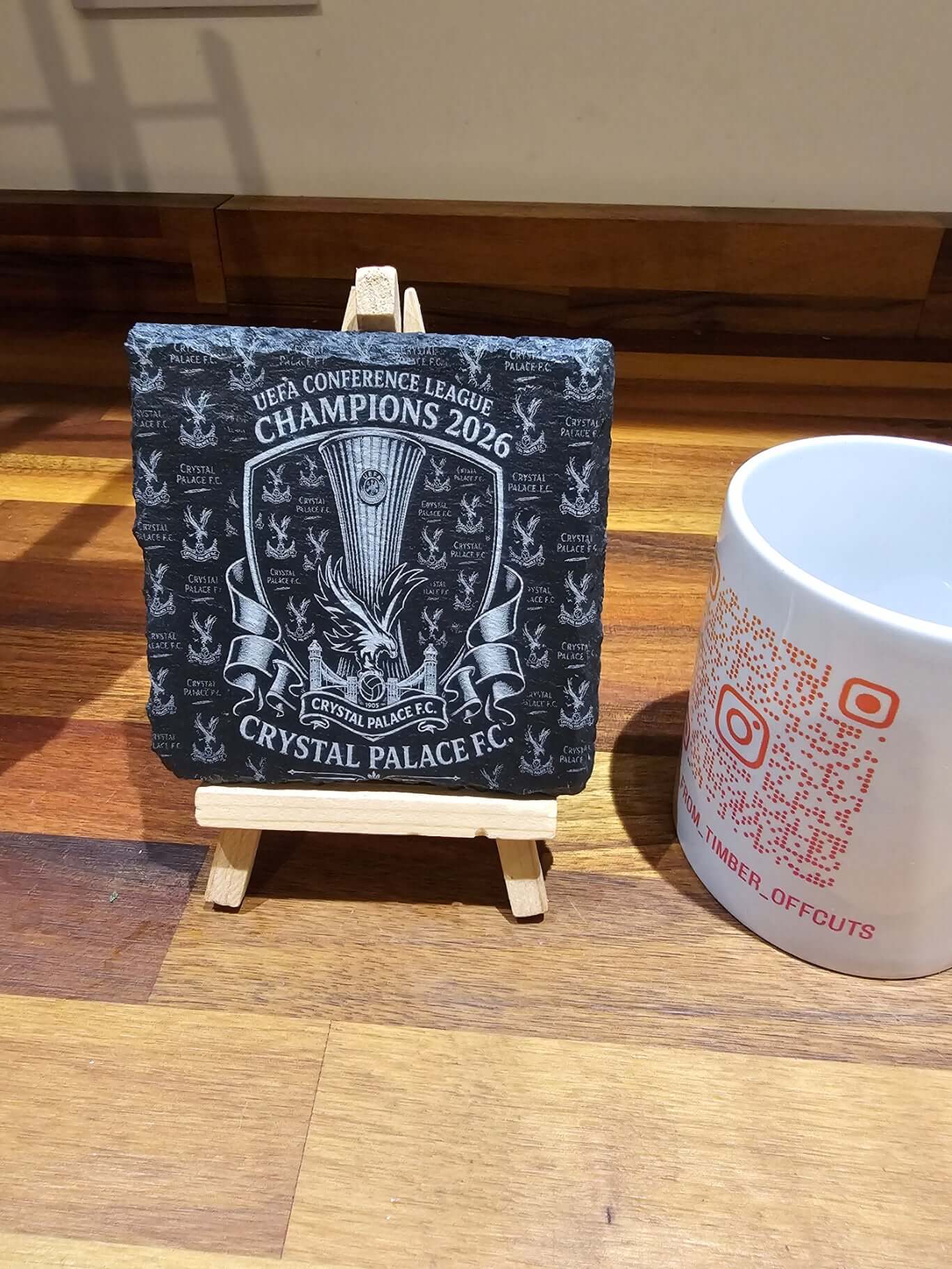 Crystal Palace UEFA Conference League Champions 2026 engraved slate coaster on display.