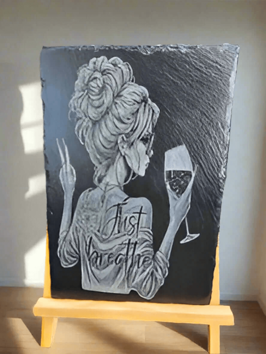 slate Laser Engraved Plaque – “Just Breathe” Woman with Wine & Peace
