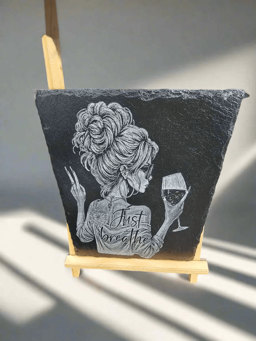 slate Laser Engraved Plaque – “Just Breathe” Woman with Wine & Peace