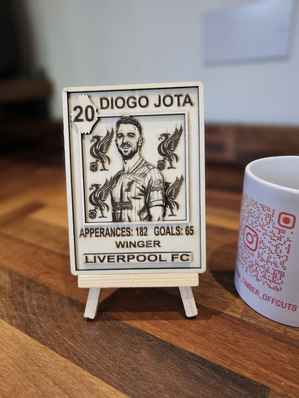 Custom Wooden Sports Card Diogo Jota, Memorative Display showcasing player stats and Liverpool FC branding.