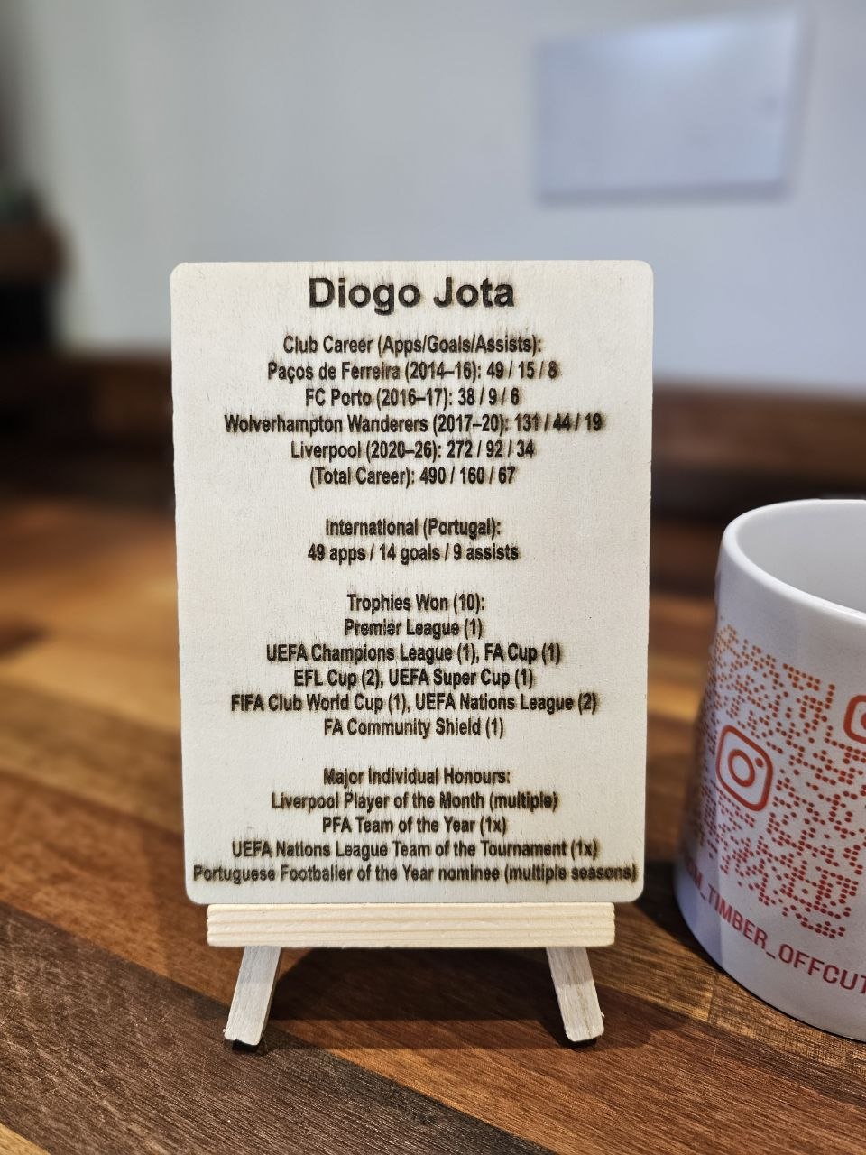 Custom wooden sports card Diogo Jota, featuring career stats, achievements, and honors on display.