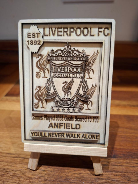 Laser-Engraved Liverpool Multi-Layer Wooden Stadium Plaque featuring Liverpool FC crest and statistics on display.