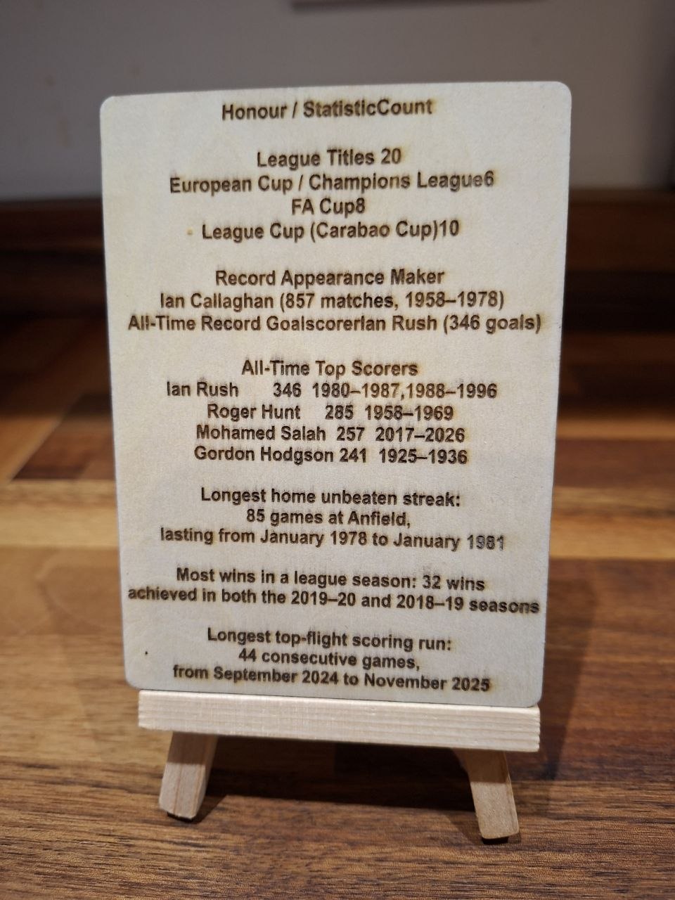 Laser-Engraved Liverpool Multi-Layer Wooden Stadium Plaque showing league titles and all-time scorers.